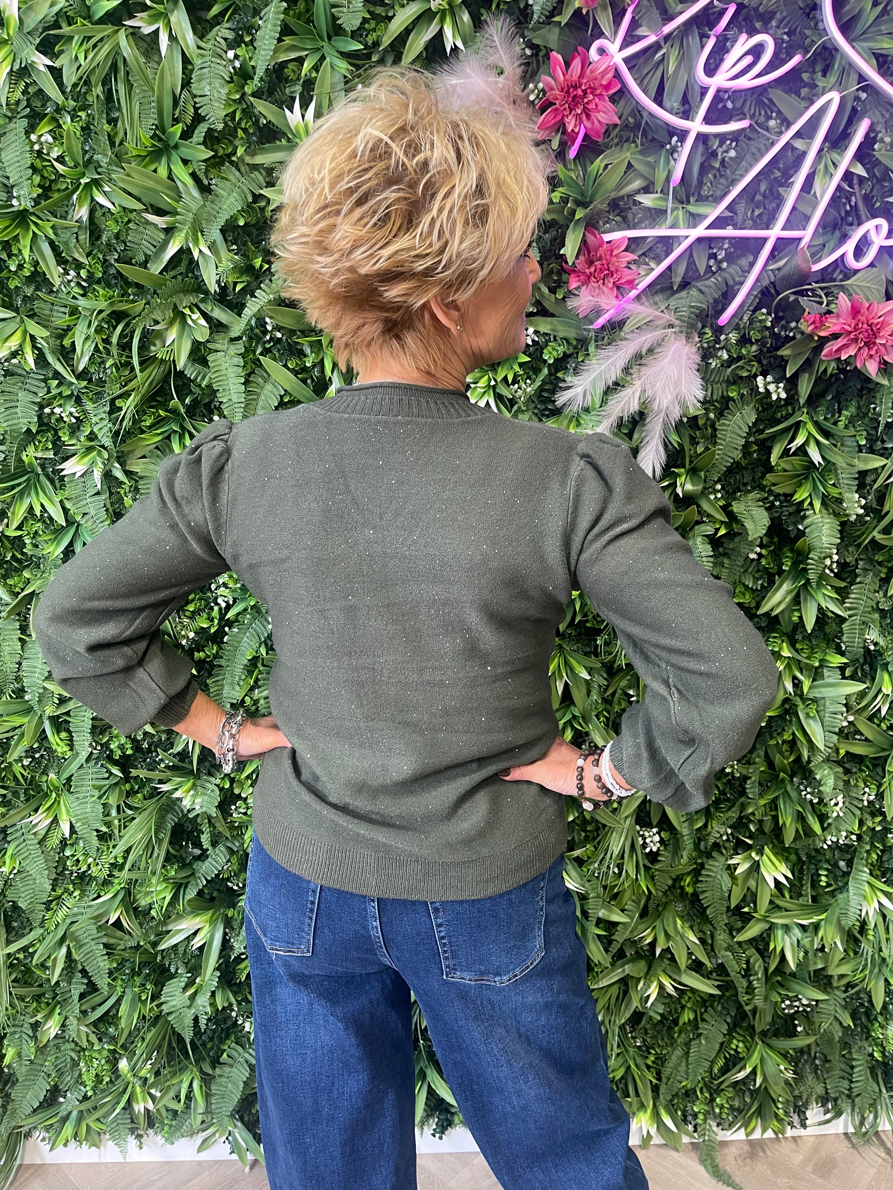 Trui v-hals met glitters legergroen