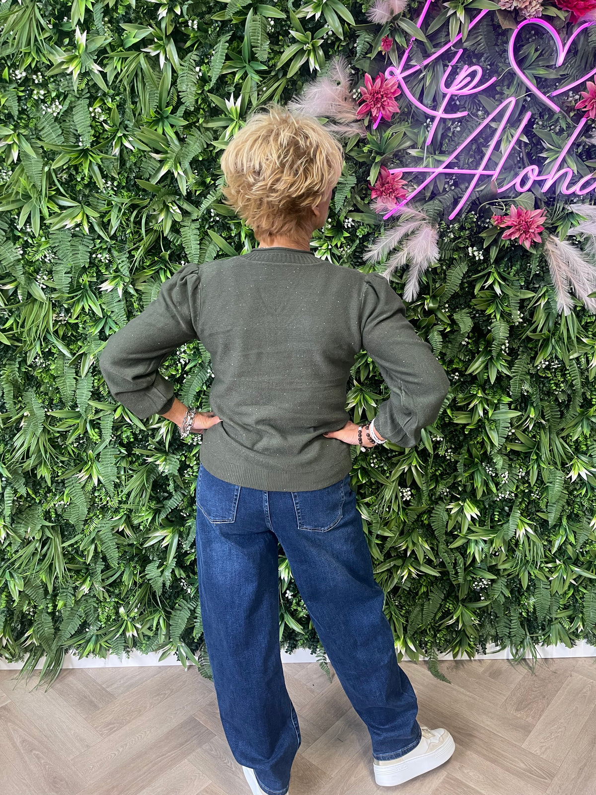 Trui v-hals met glitters legergroen