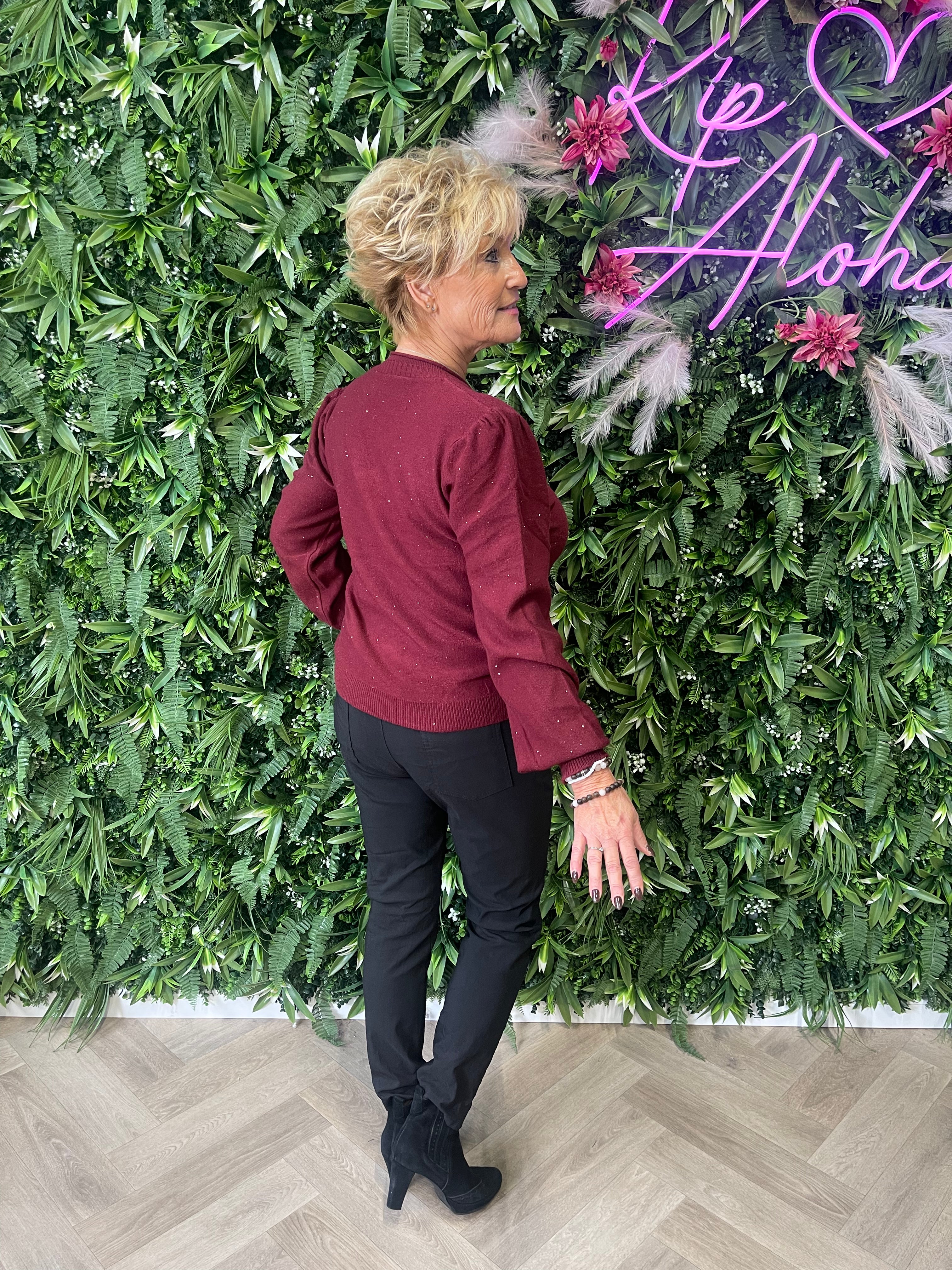 Trui v-hals met glitters bordeaux