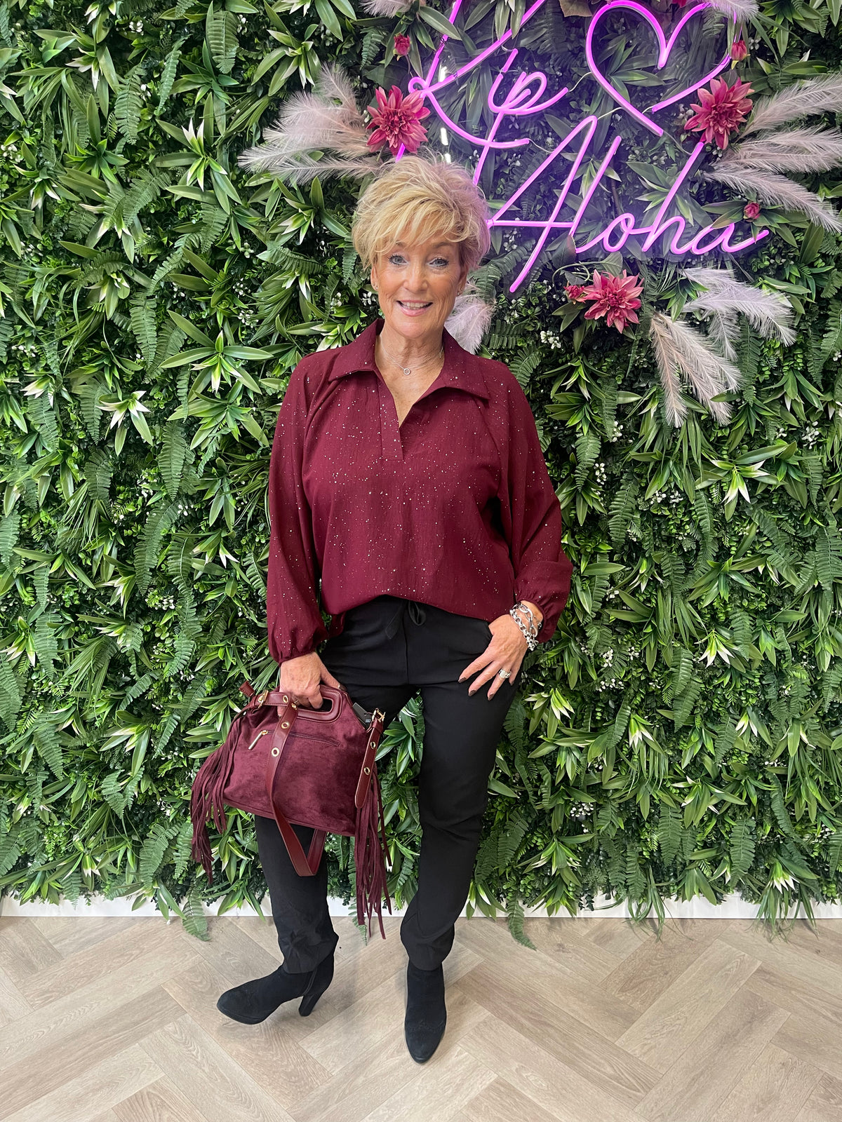 Top lange mouwen glitter v-hals met kraag bordeaux