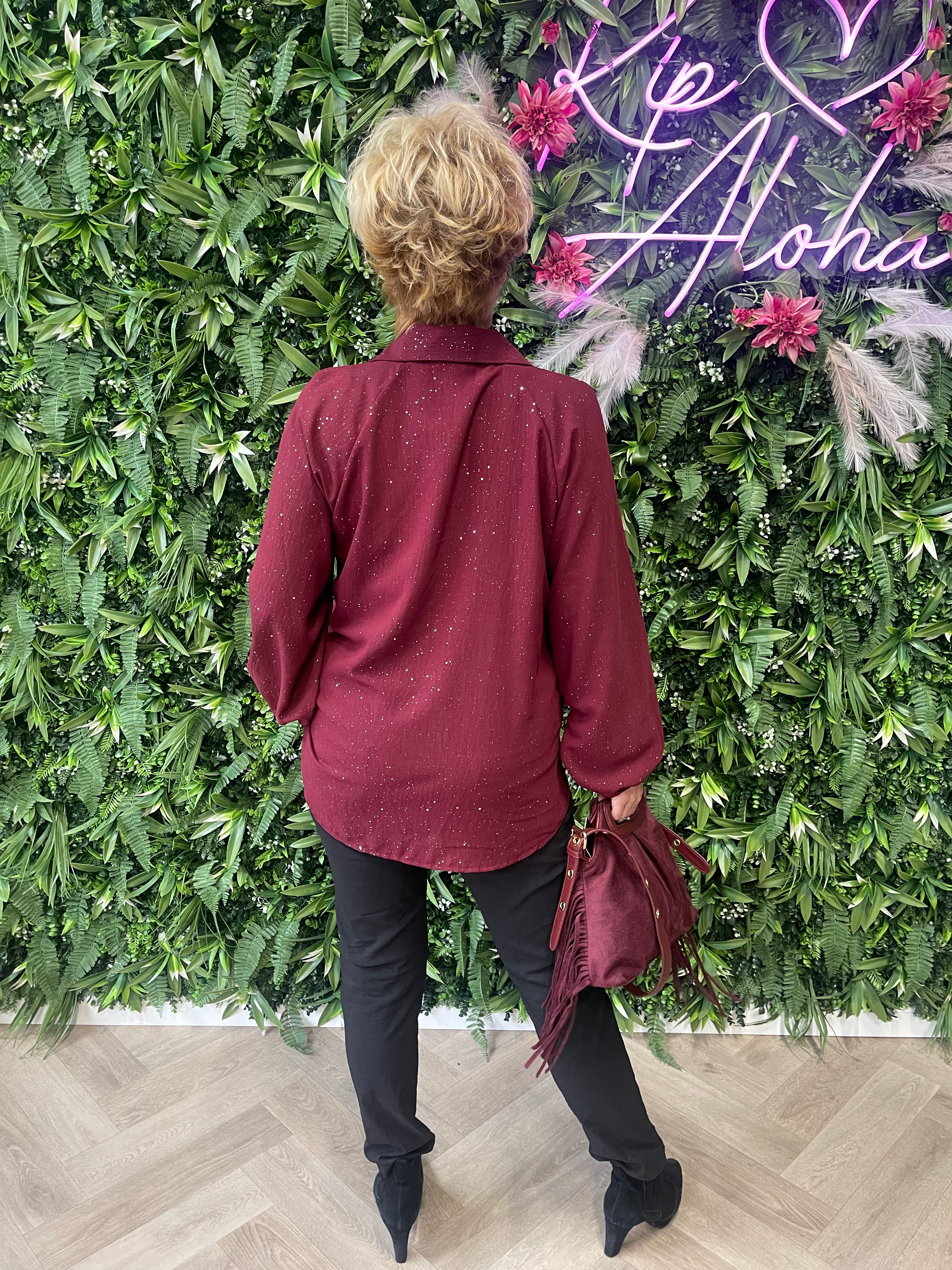 Top lange mouwen glitter v-hals met kraag bordeaux