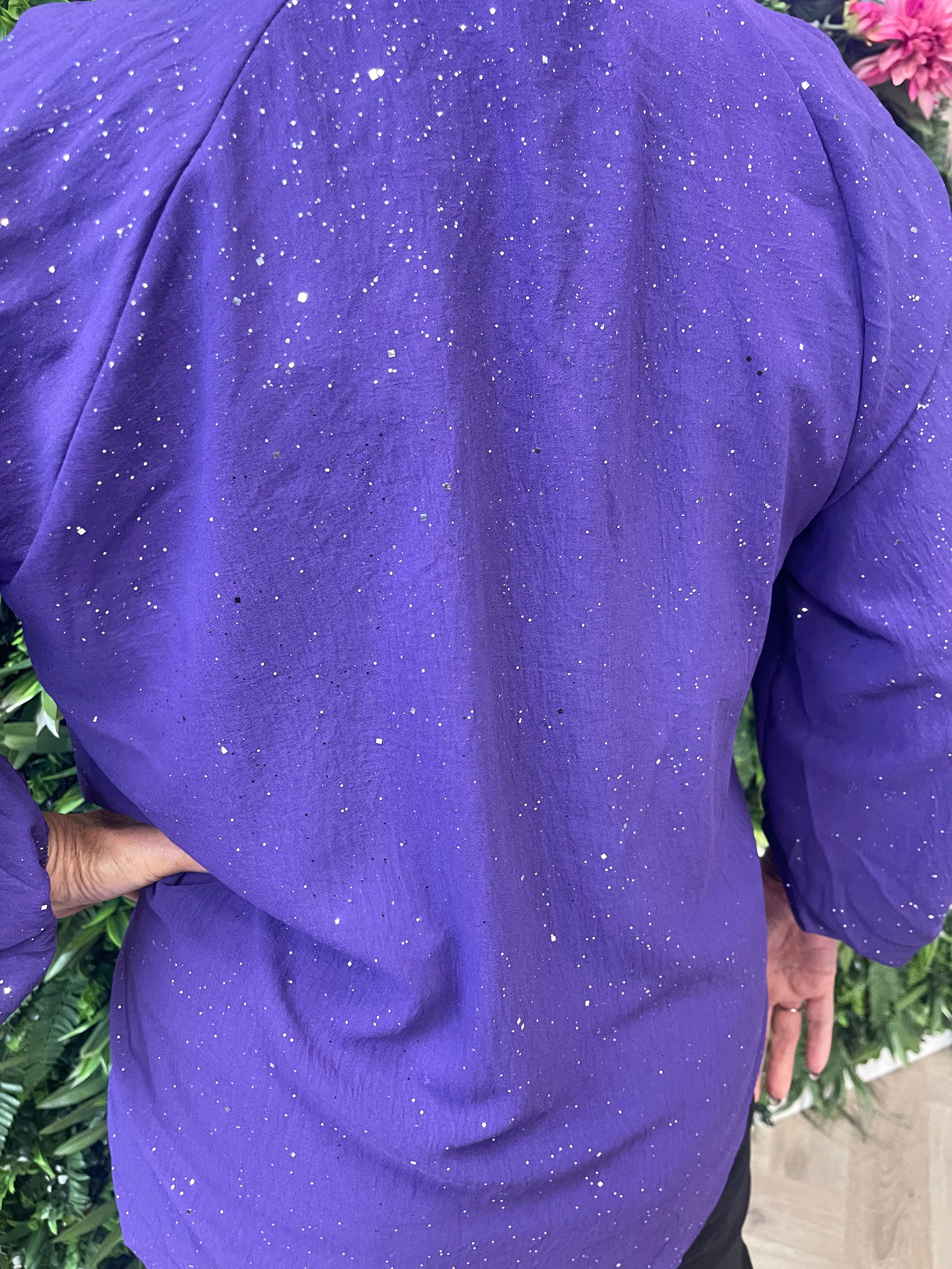 Top lange mouwen glitter v-hals met kraag paars