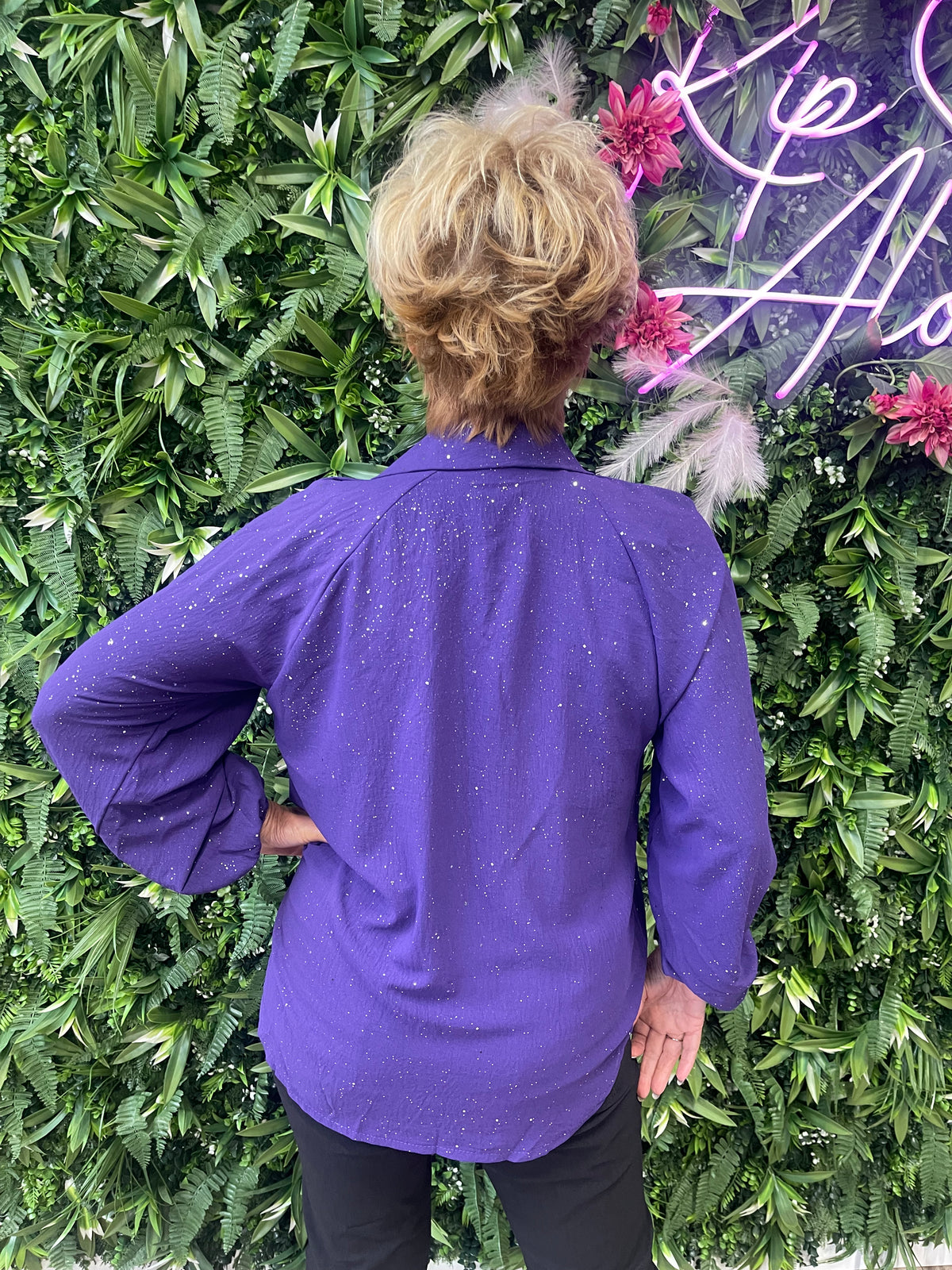 Top lange mouwen glitter v-hals met kraag paars