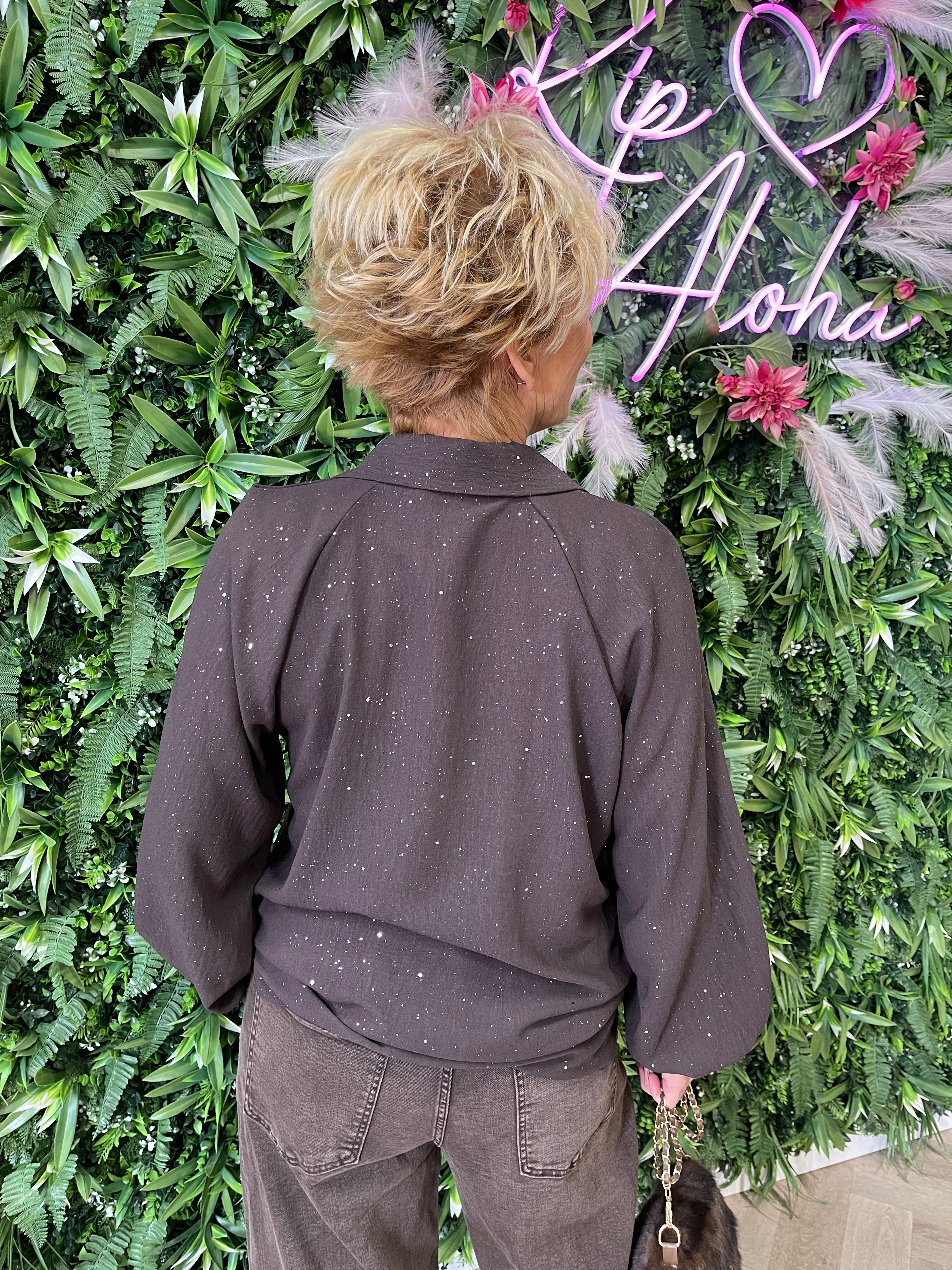 Top lange mouwen glitter v-hals met kraag donkerbruin