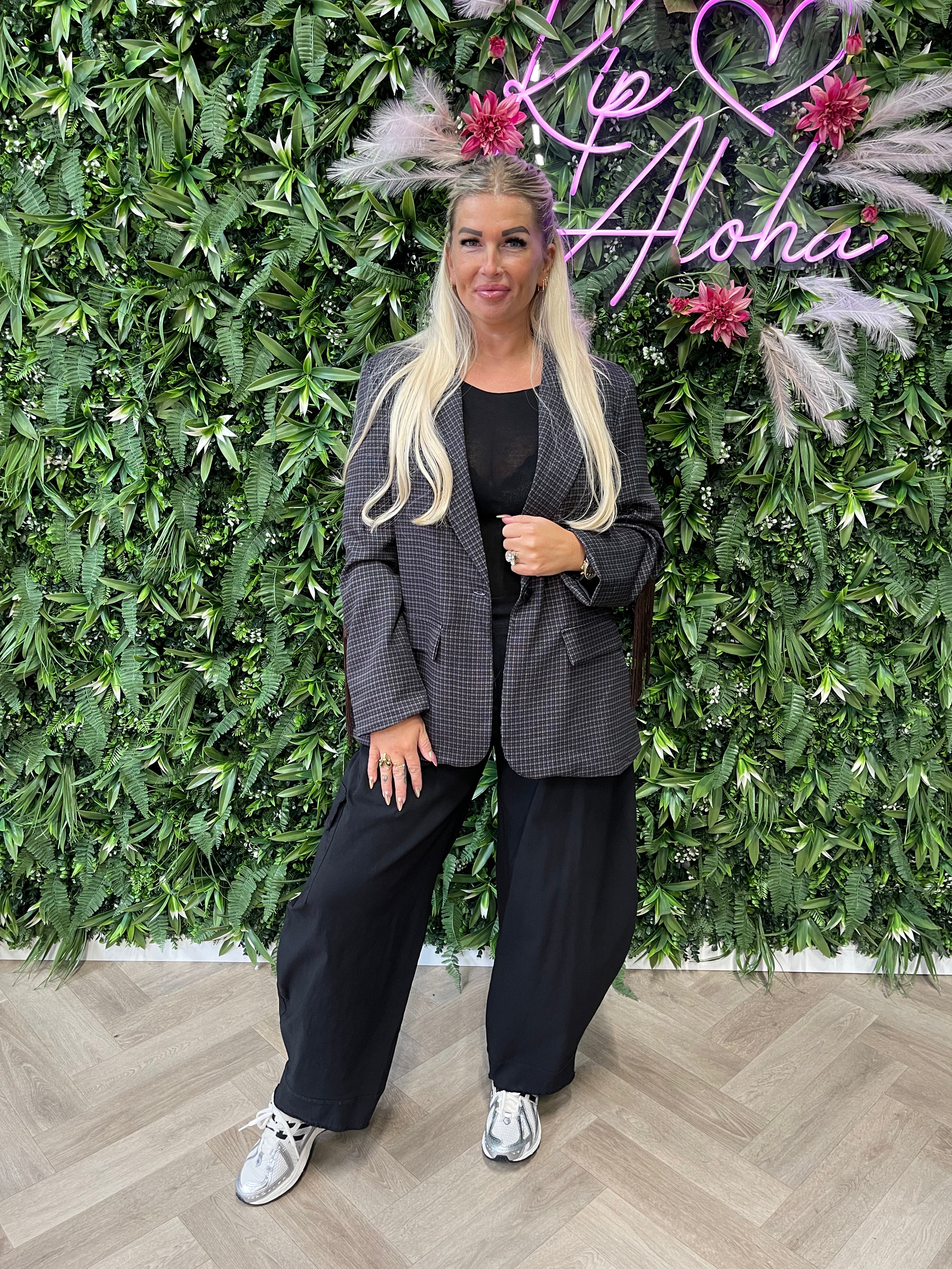 Blazer ruit franjes donkerbruin