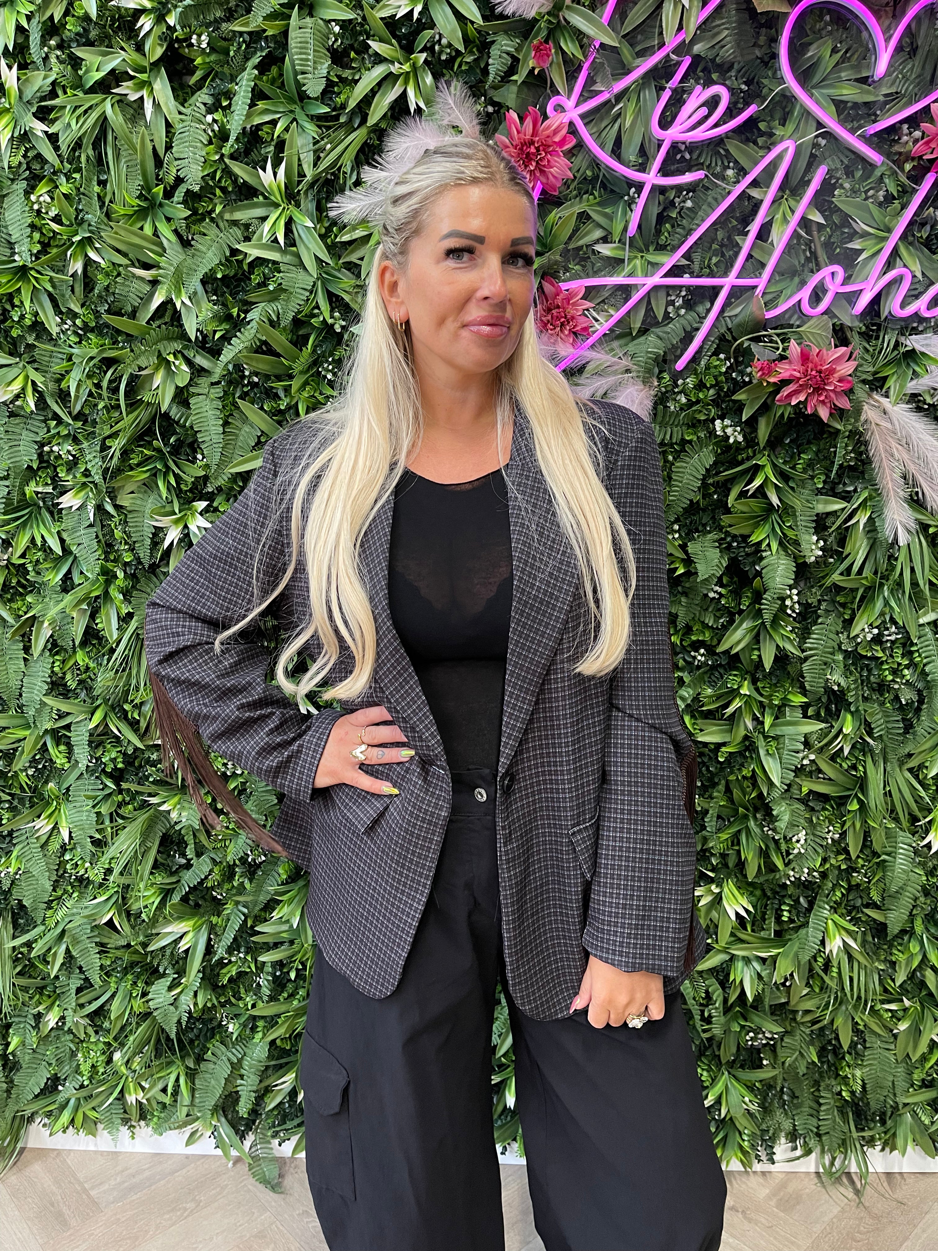 Blazer ruit franjes donkerbruin