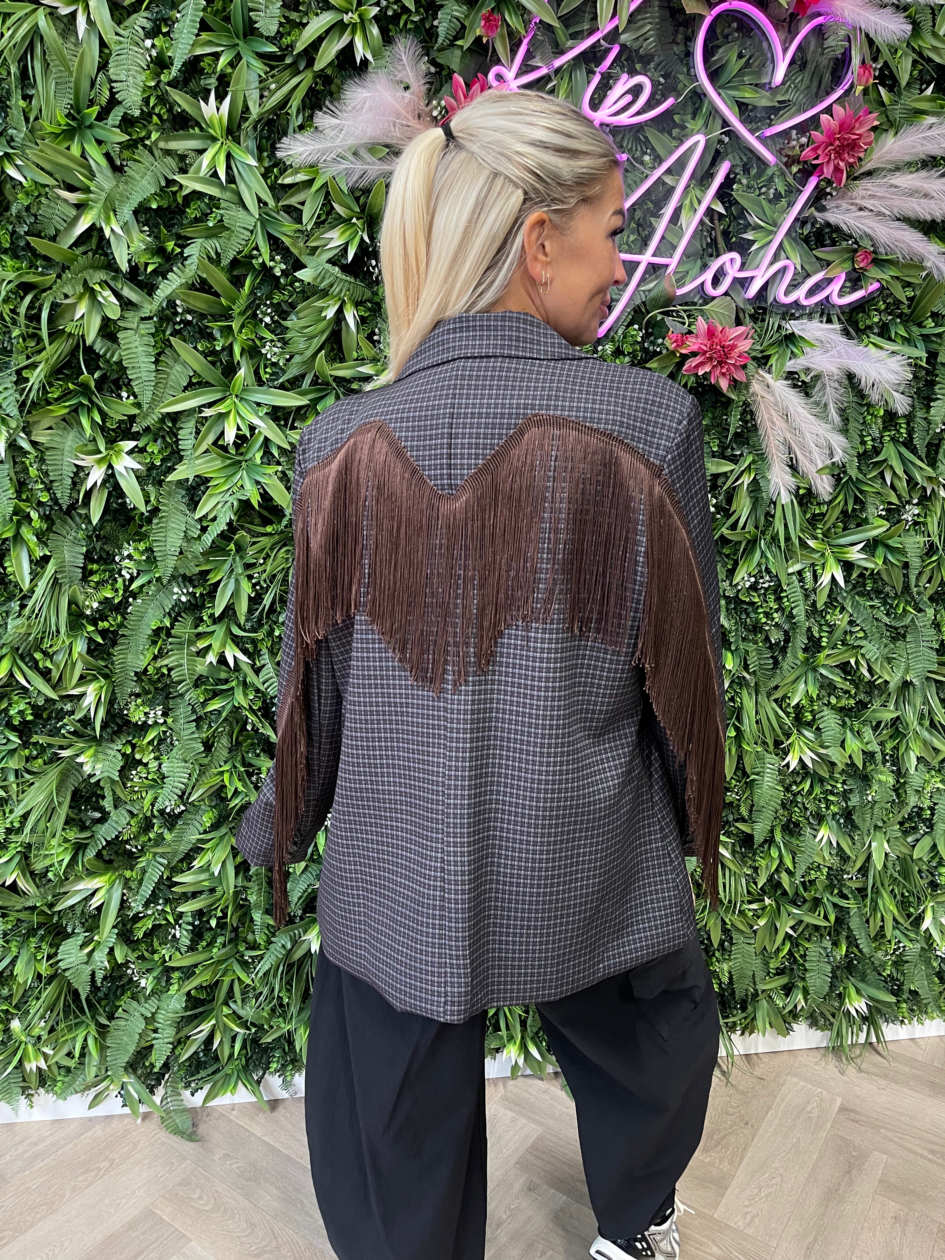 Blazer ruit franjes donkerbruin