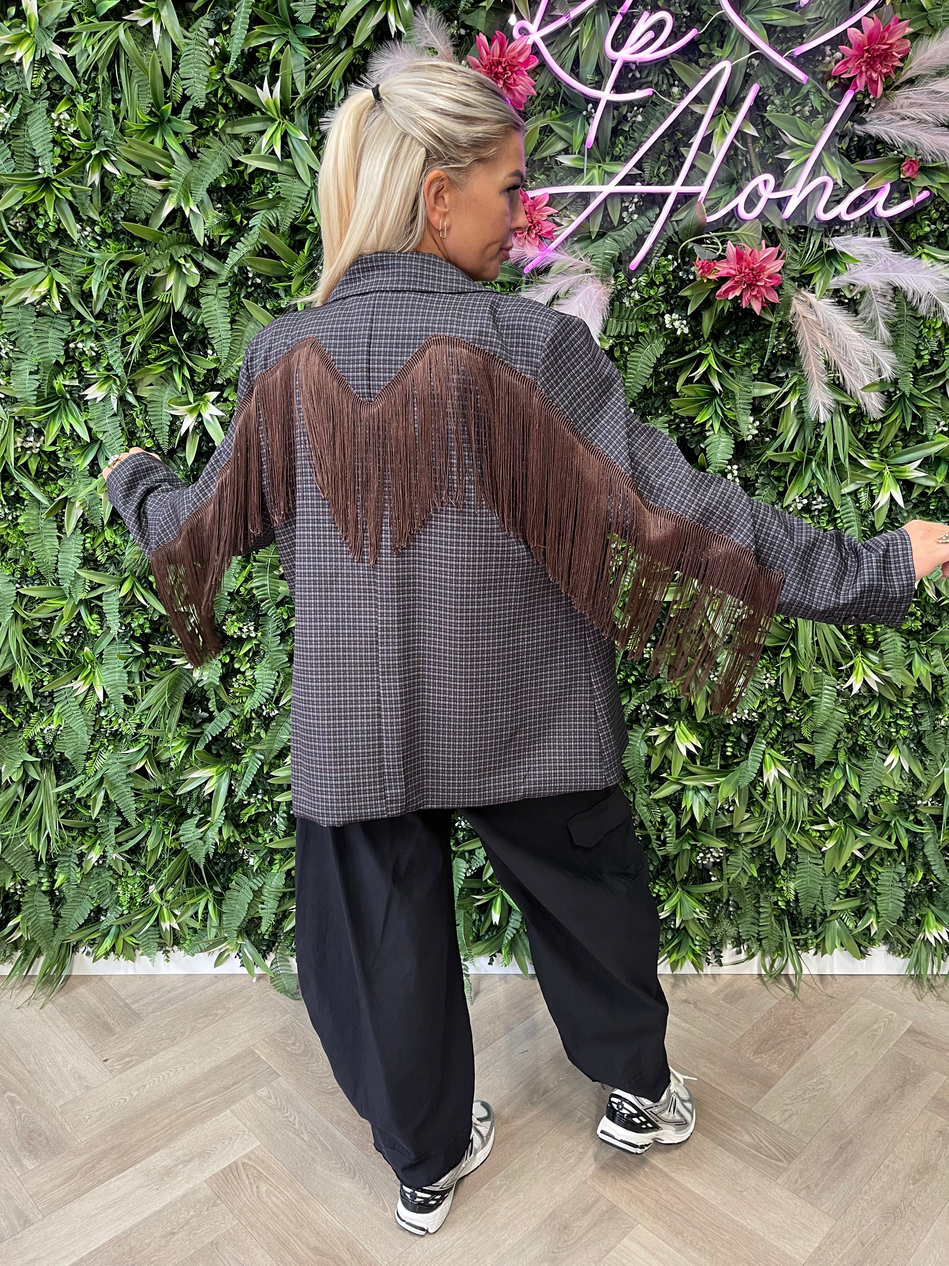 Blazer ruit franjes donkerbruin