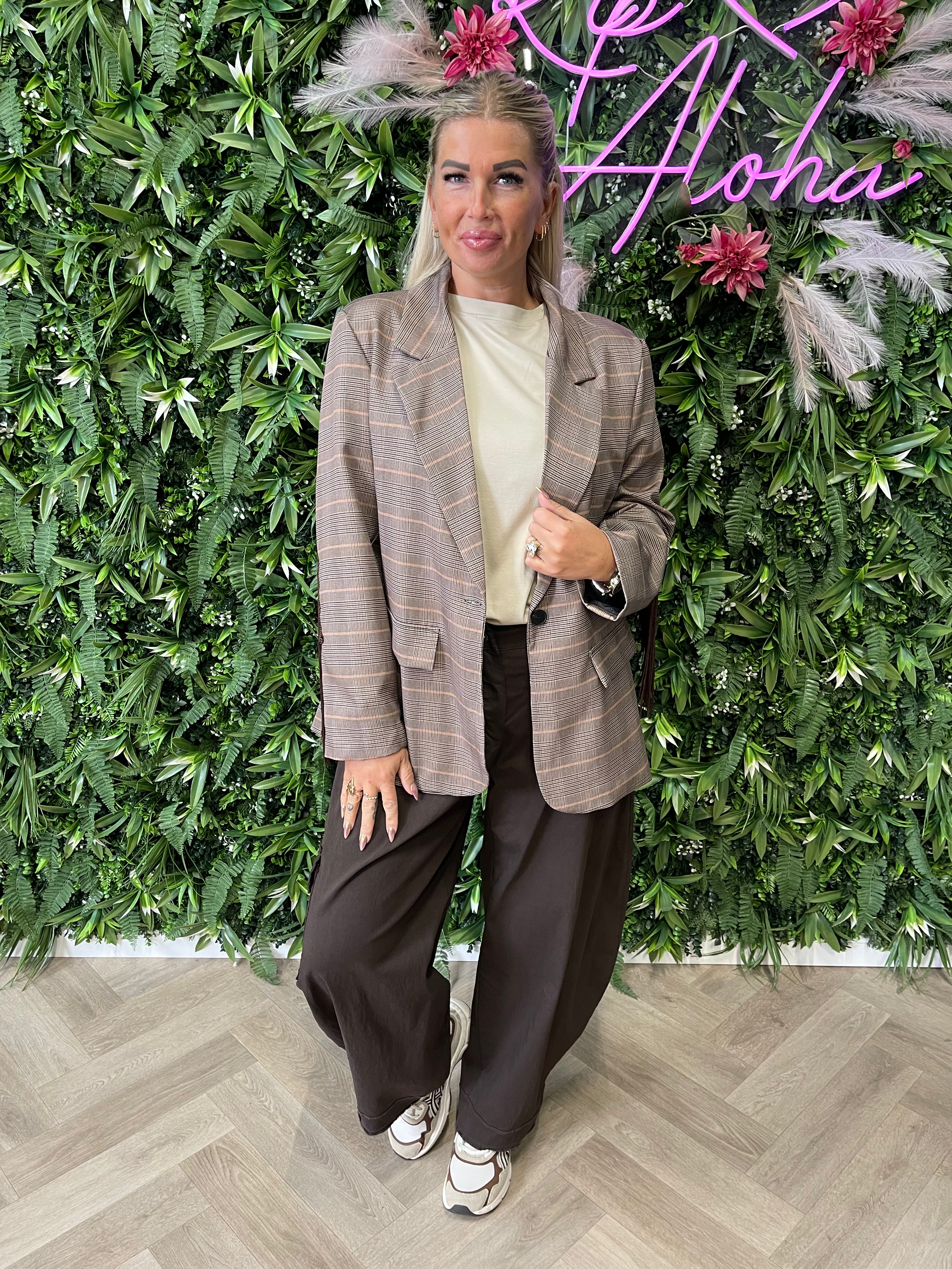 Blazer ruit franjes lichtbruin/camel