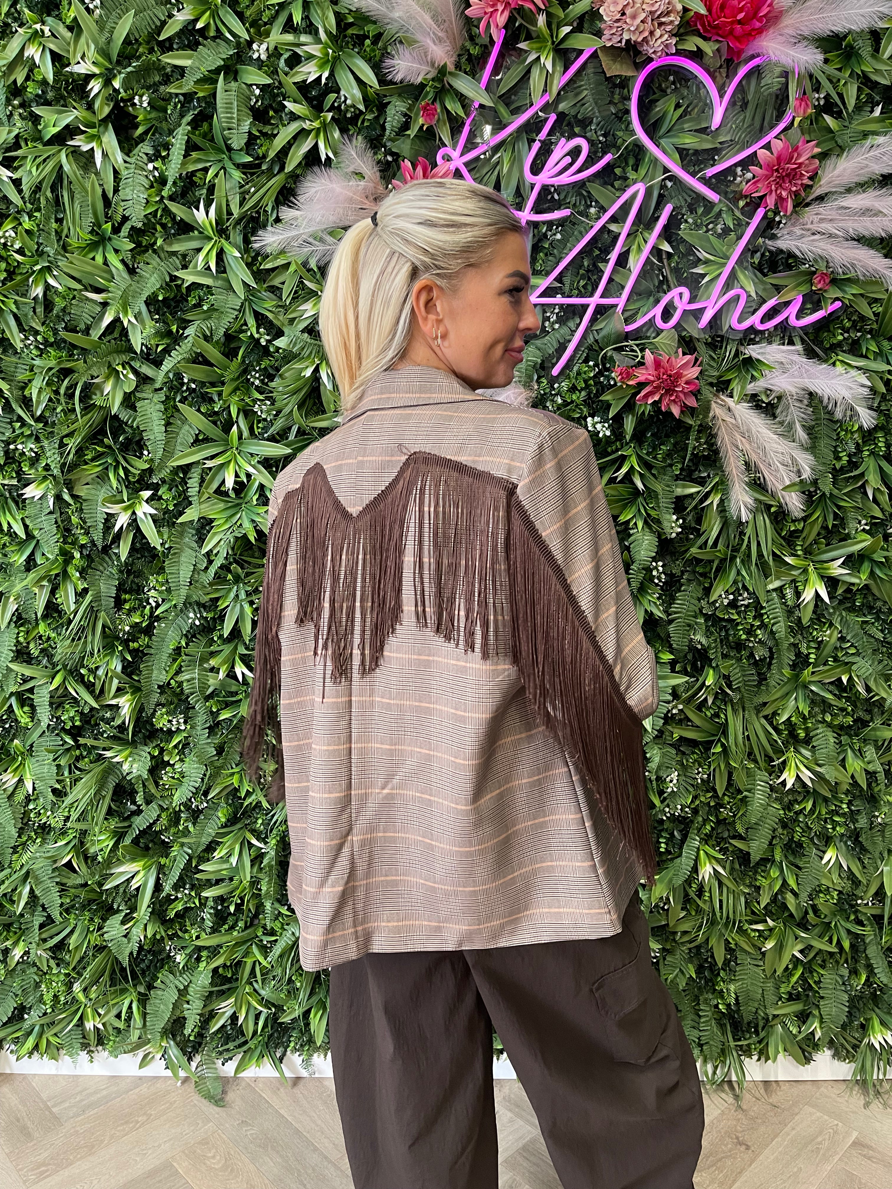 Blazer ruit franjes lichtbruin/camel