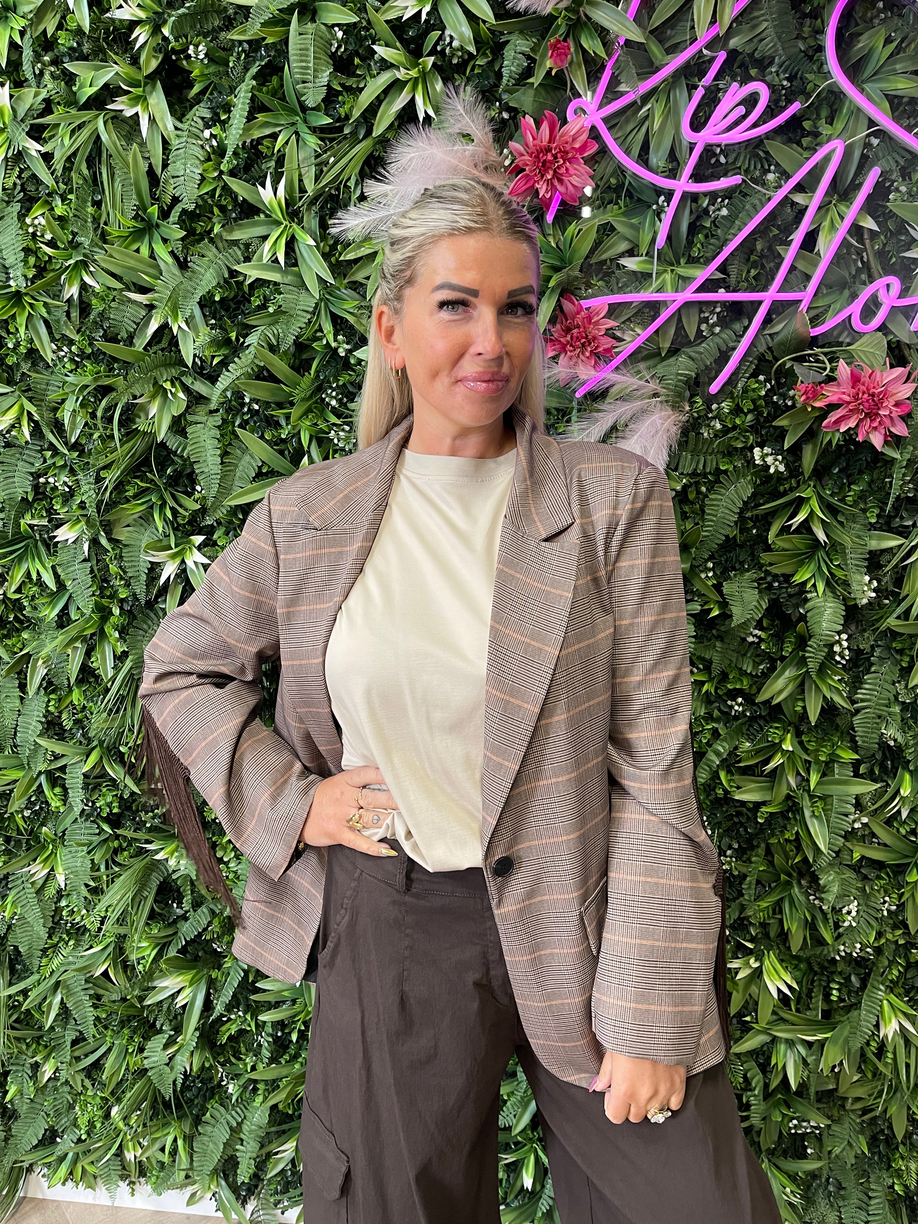 Blazer ruit franjes lichtbruin/camel