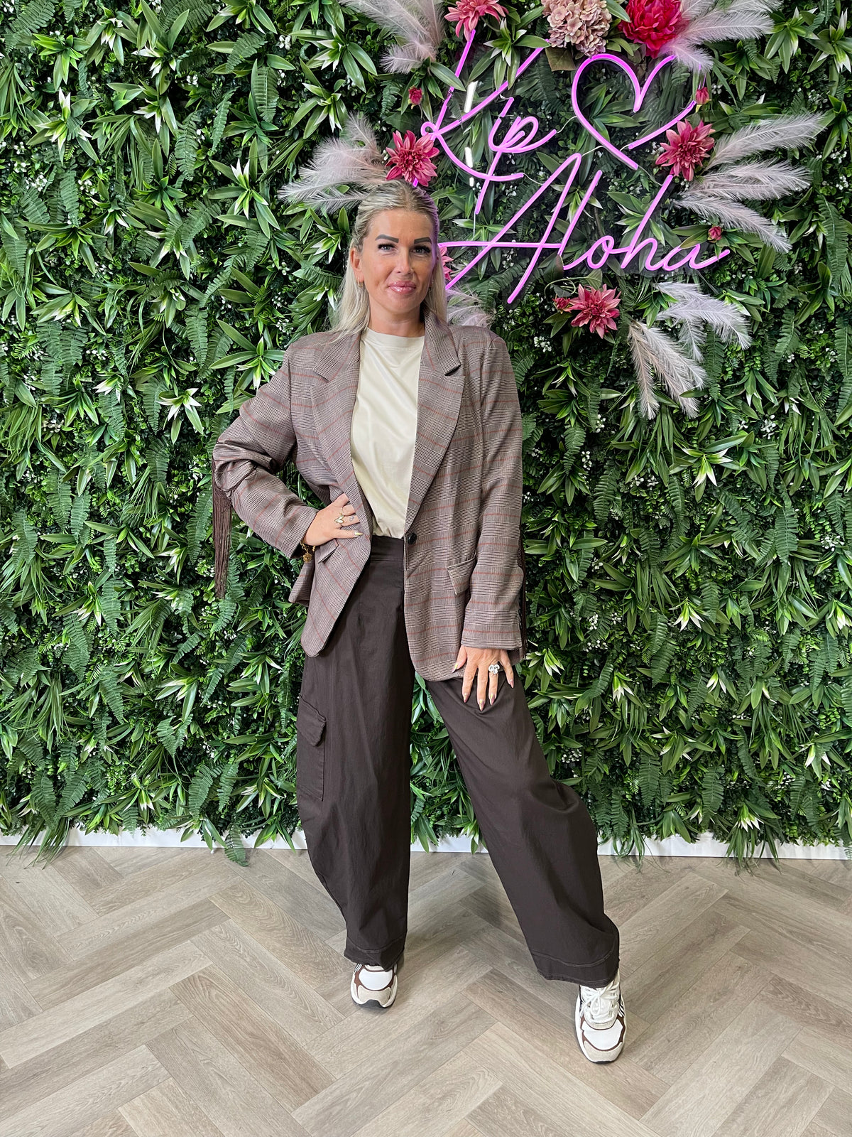 Blazer ruit franjes lichtbruin/brique