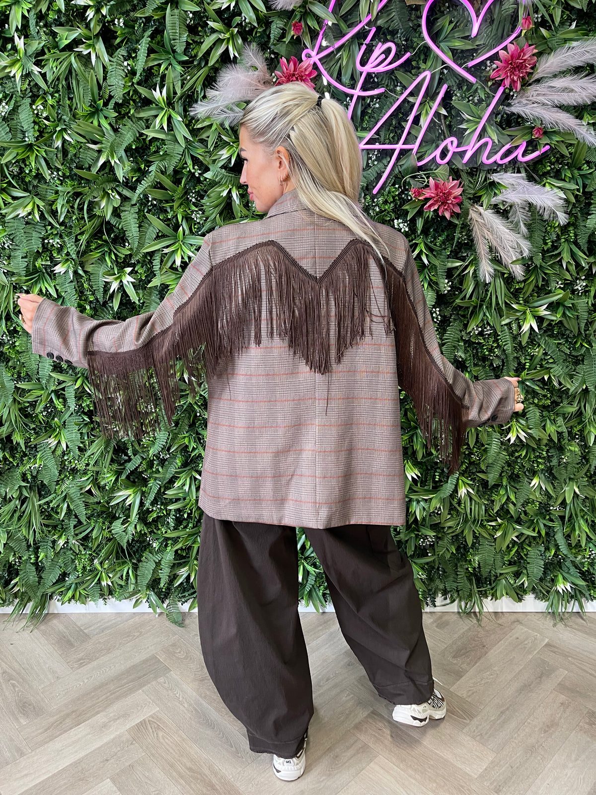 Blazer ruit franjes lichtbruin/brique