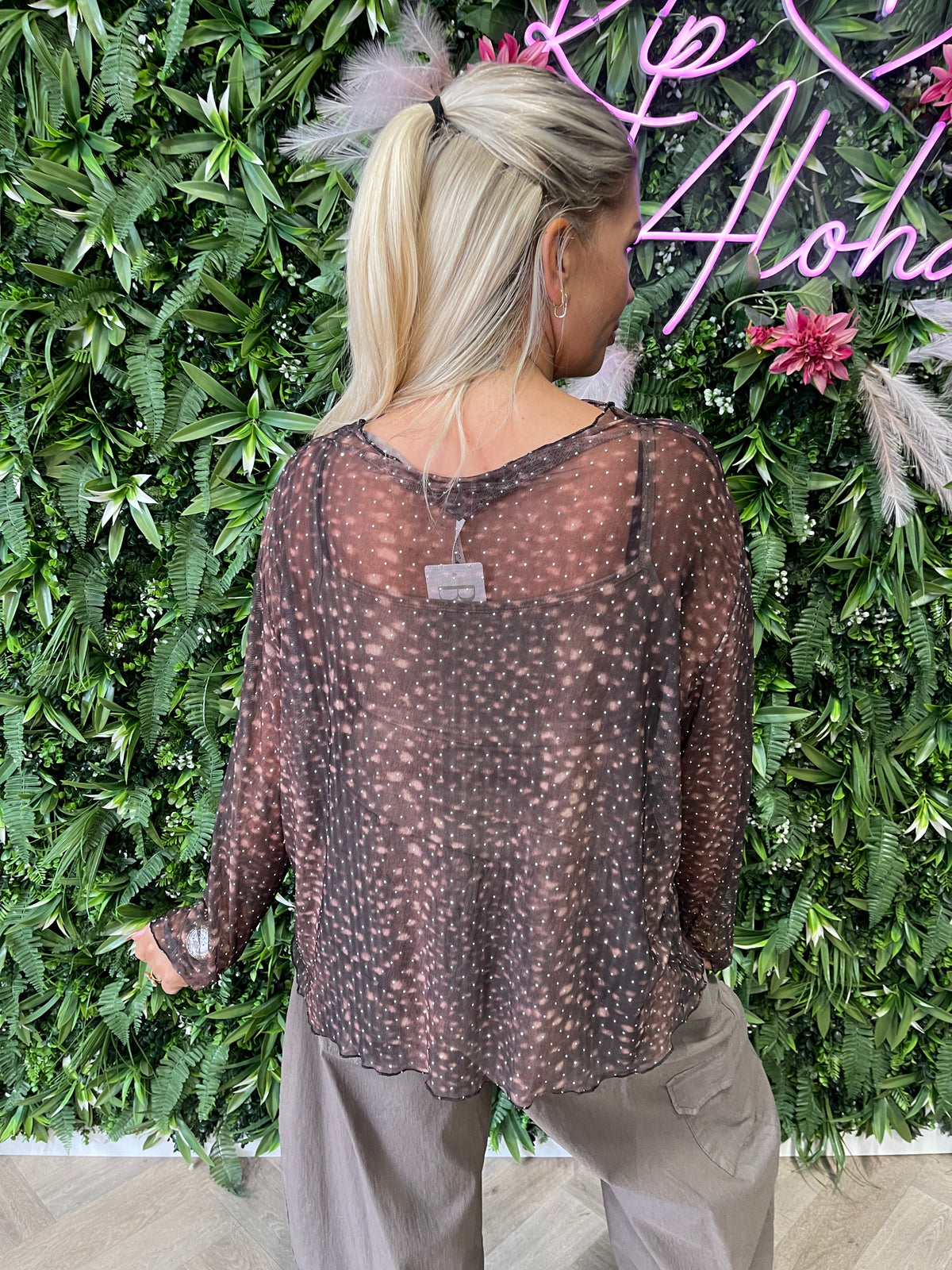 Mesh top strass print bambi donkerbruin