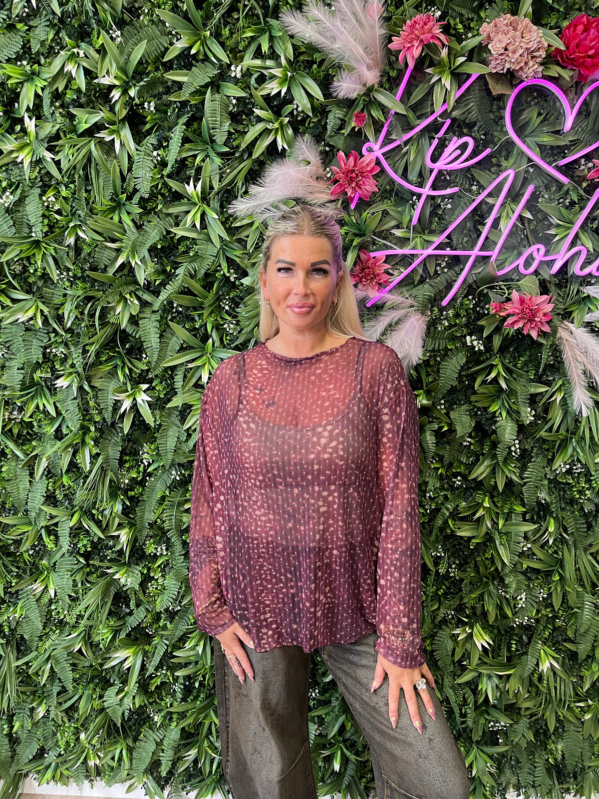 Mesh top strass print bambi aubergine