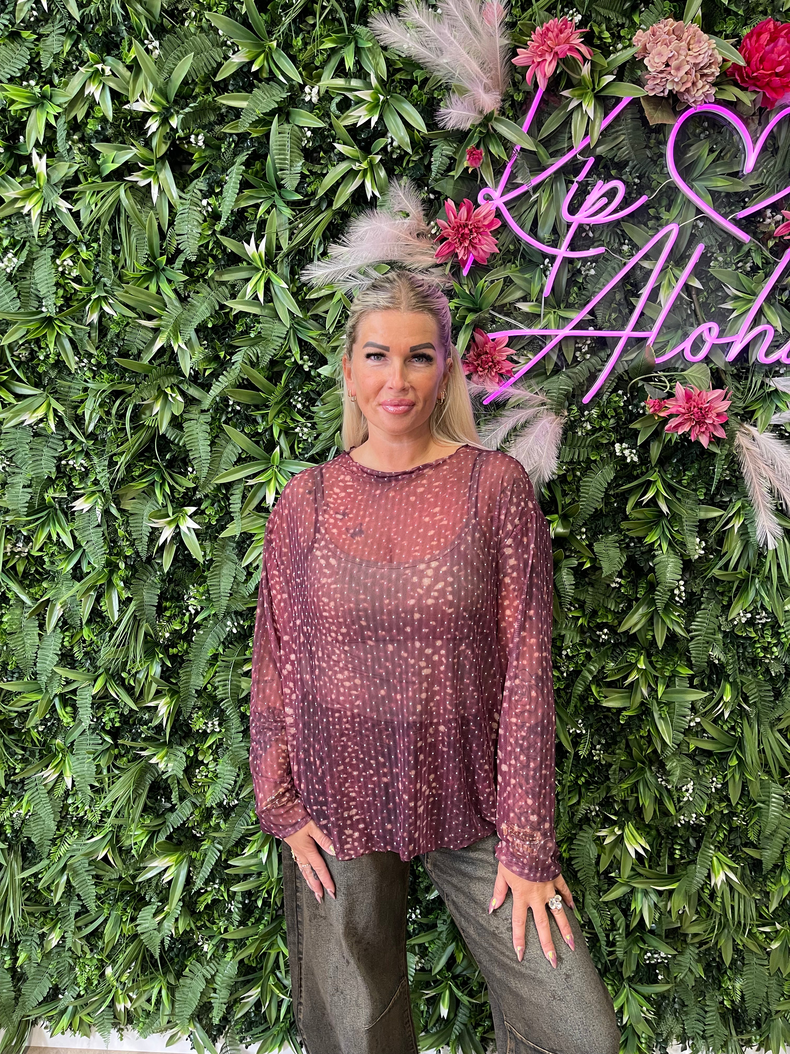 Mesh top strass print bambi aubergine