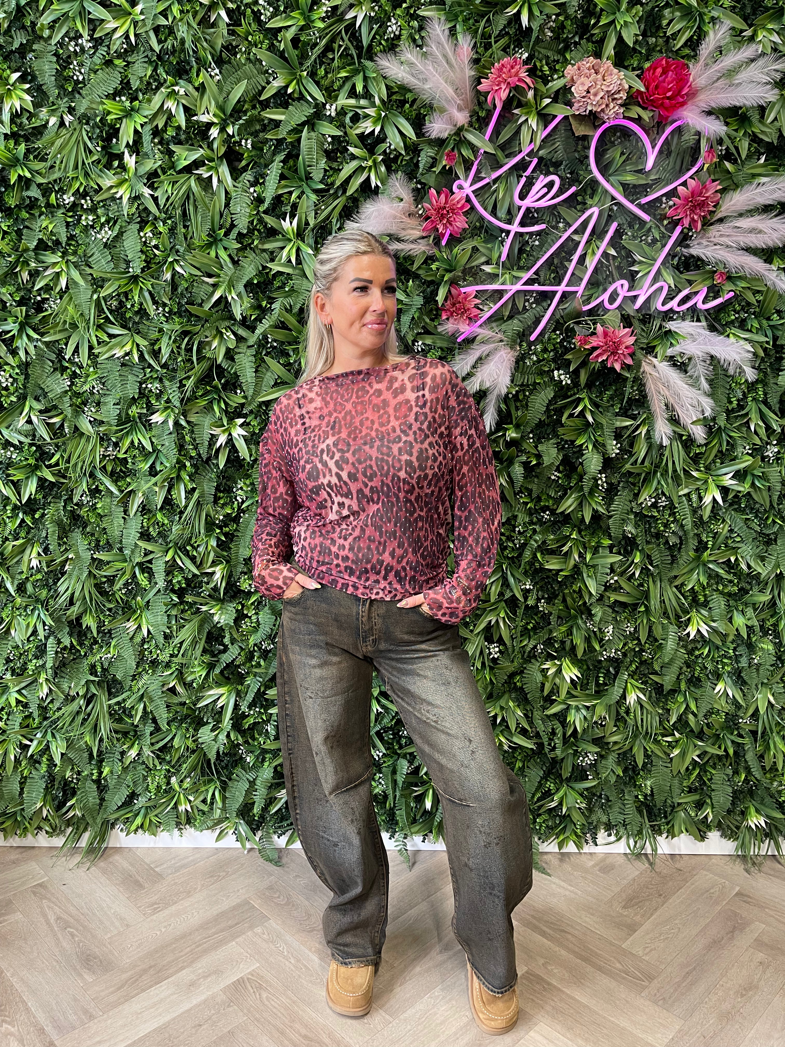 Mesh top strass print panter roze