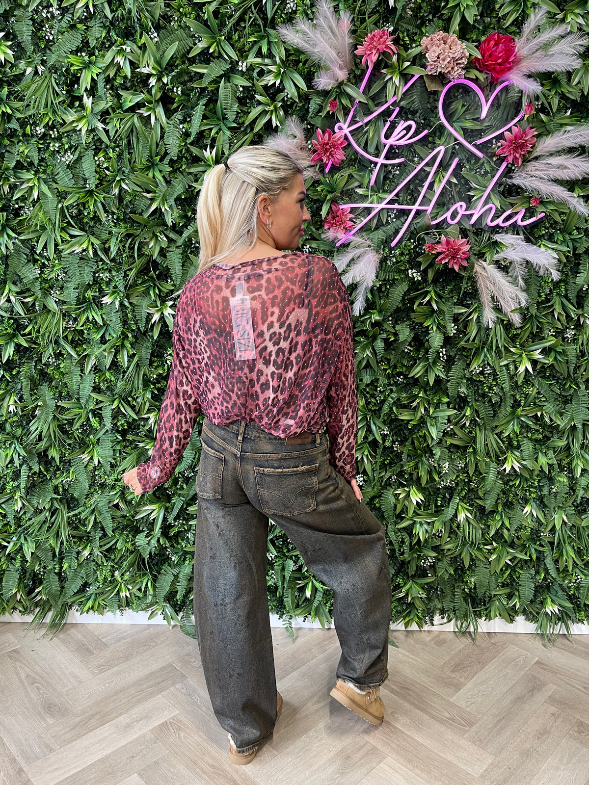 Mesh top strass print panter roze