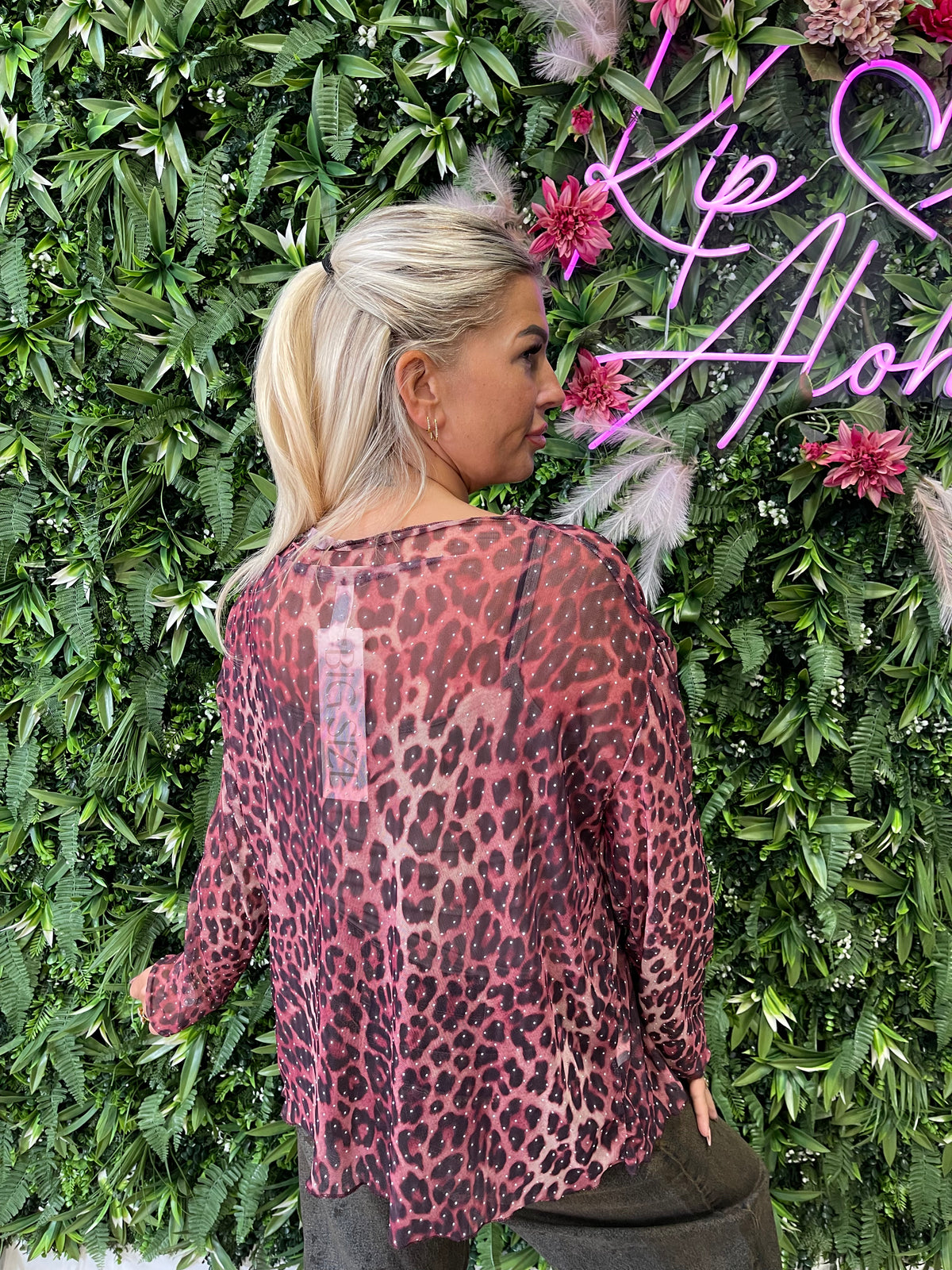 Mesh top strass print panter roze