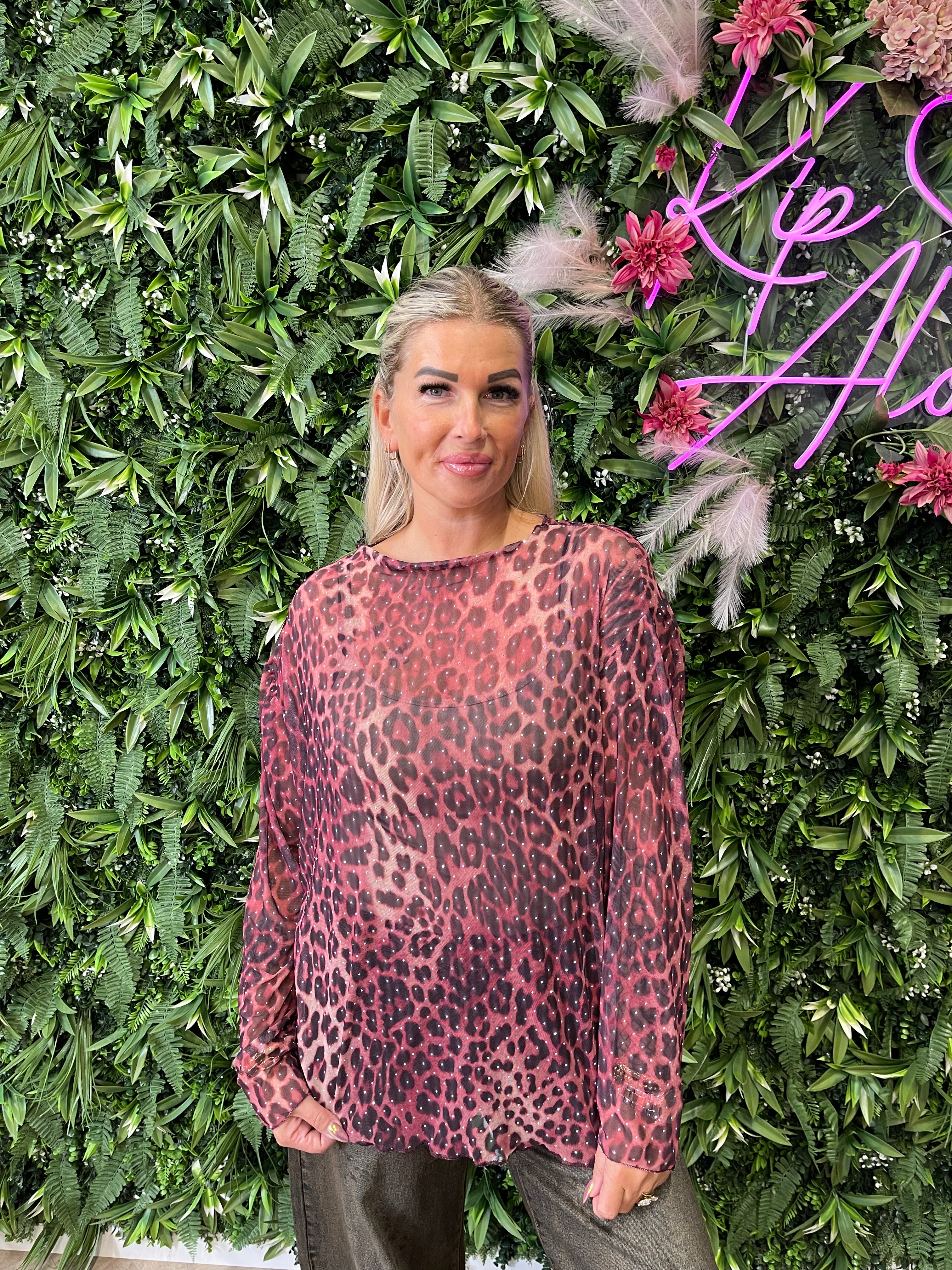 Mesh top strass print panter roze