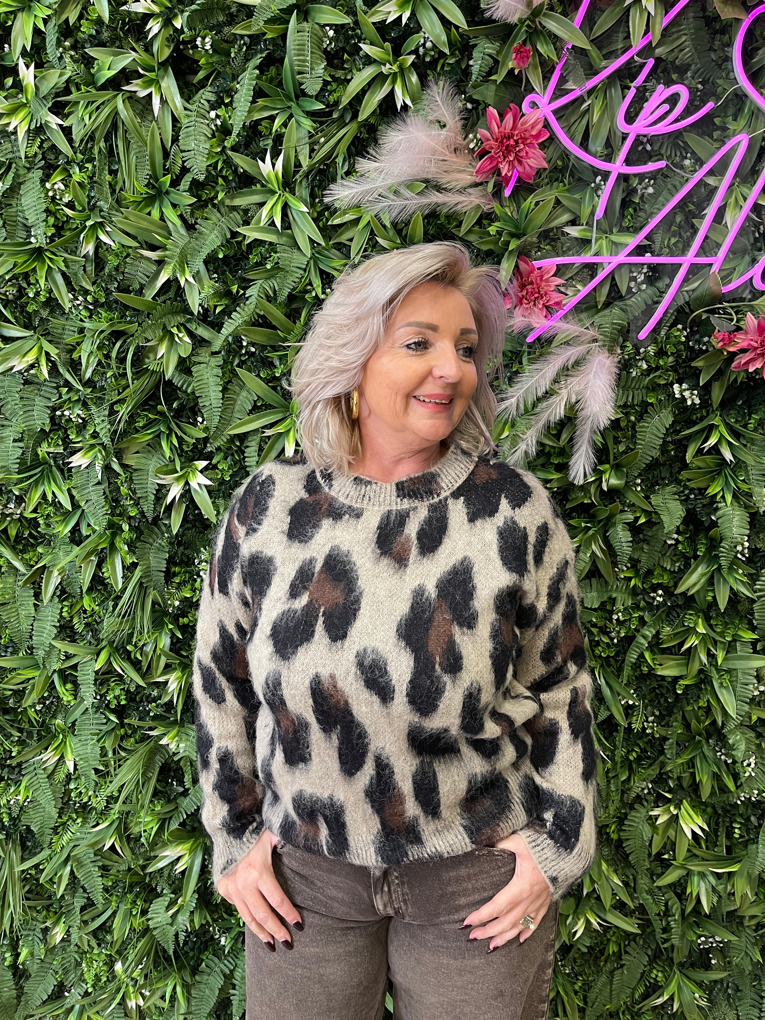 Panterprint gebreide trui beige
