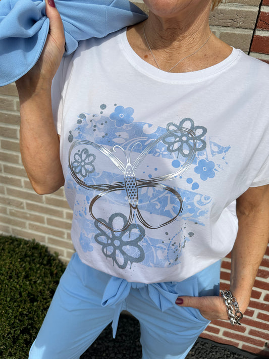 T-shirt met print vlinder met bloemen blauw