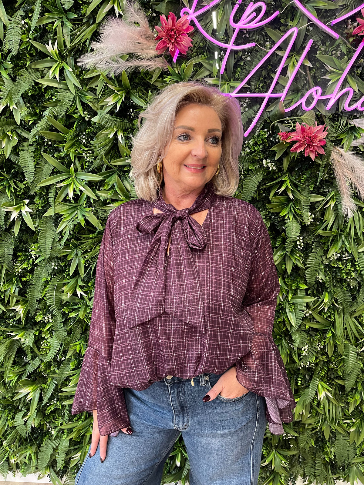 Blouse trompetmouwen print paars