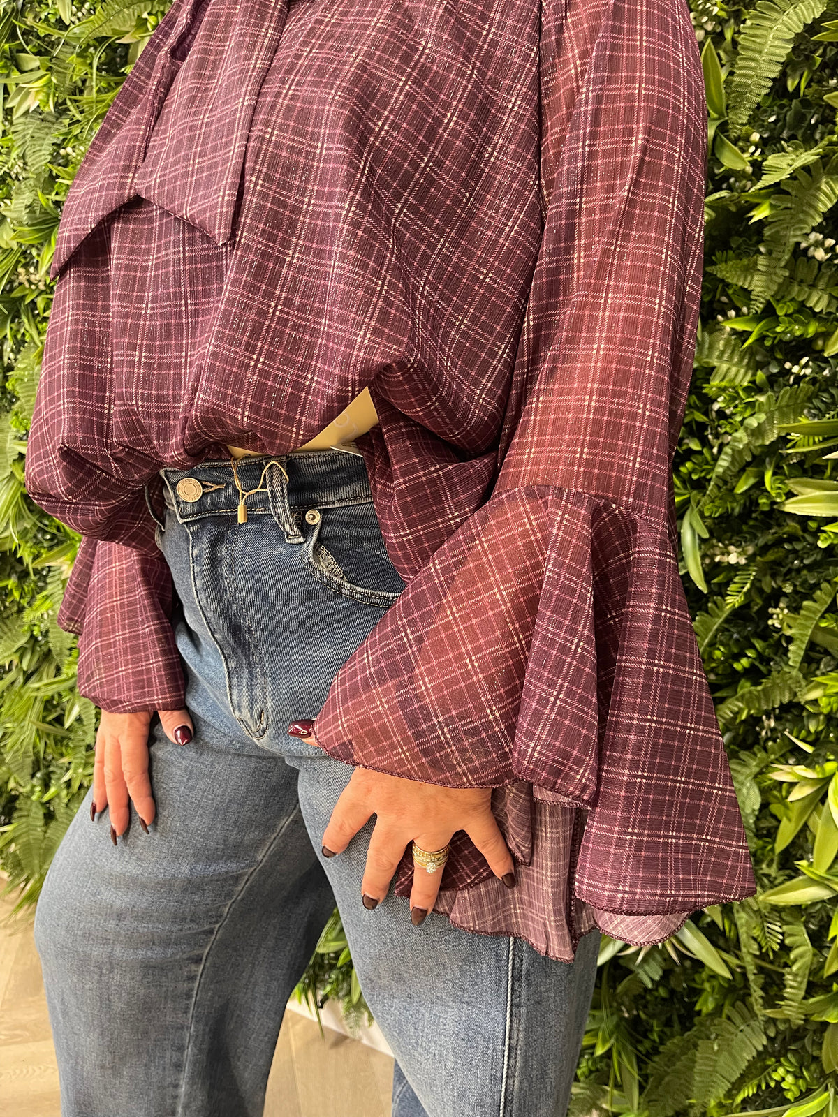Blouse trompetmouwen print paars