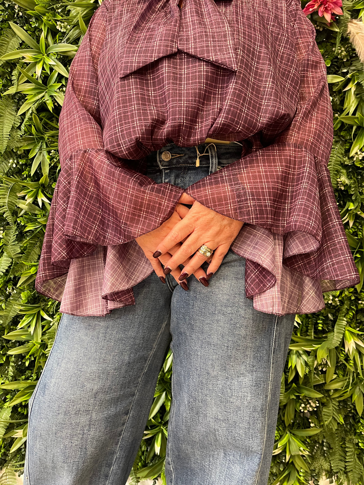 Blouse trompetmouwen print paars
