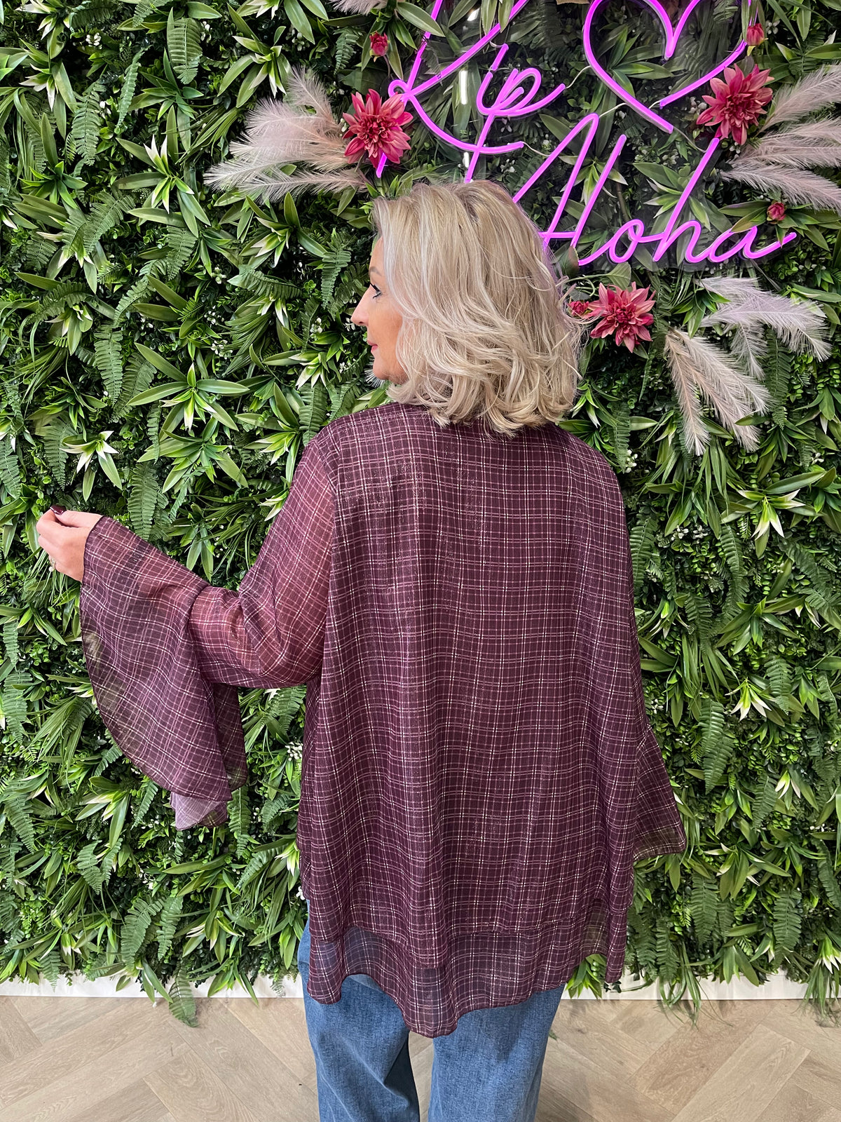 Blouse trompetmouwen print paars