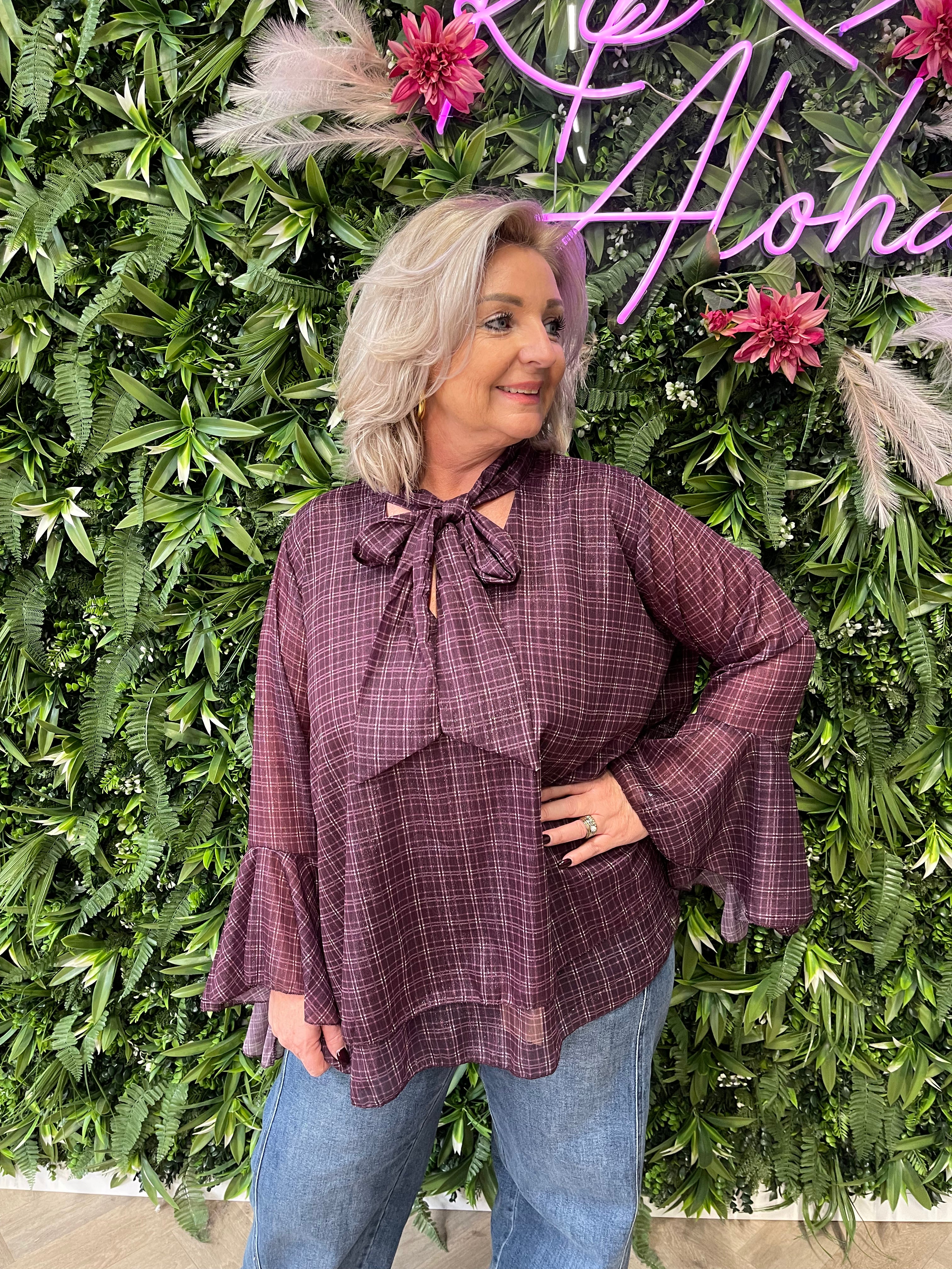 Blouse trompetmouwen print paars