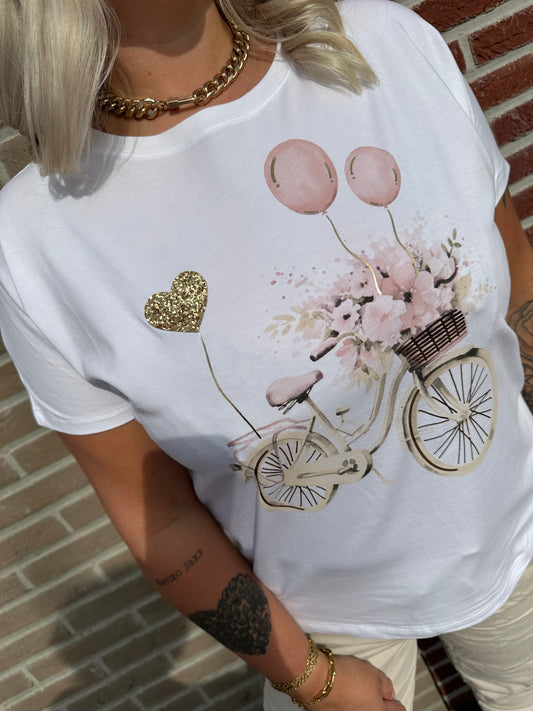 T-shirt met print fiets met bloemen roze