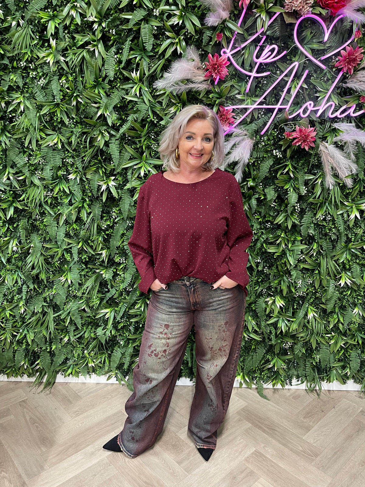 Top met strass steentjes bordeaux