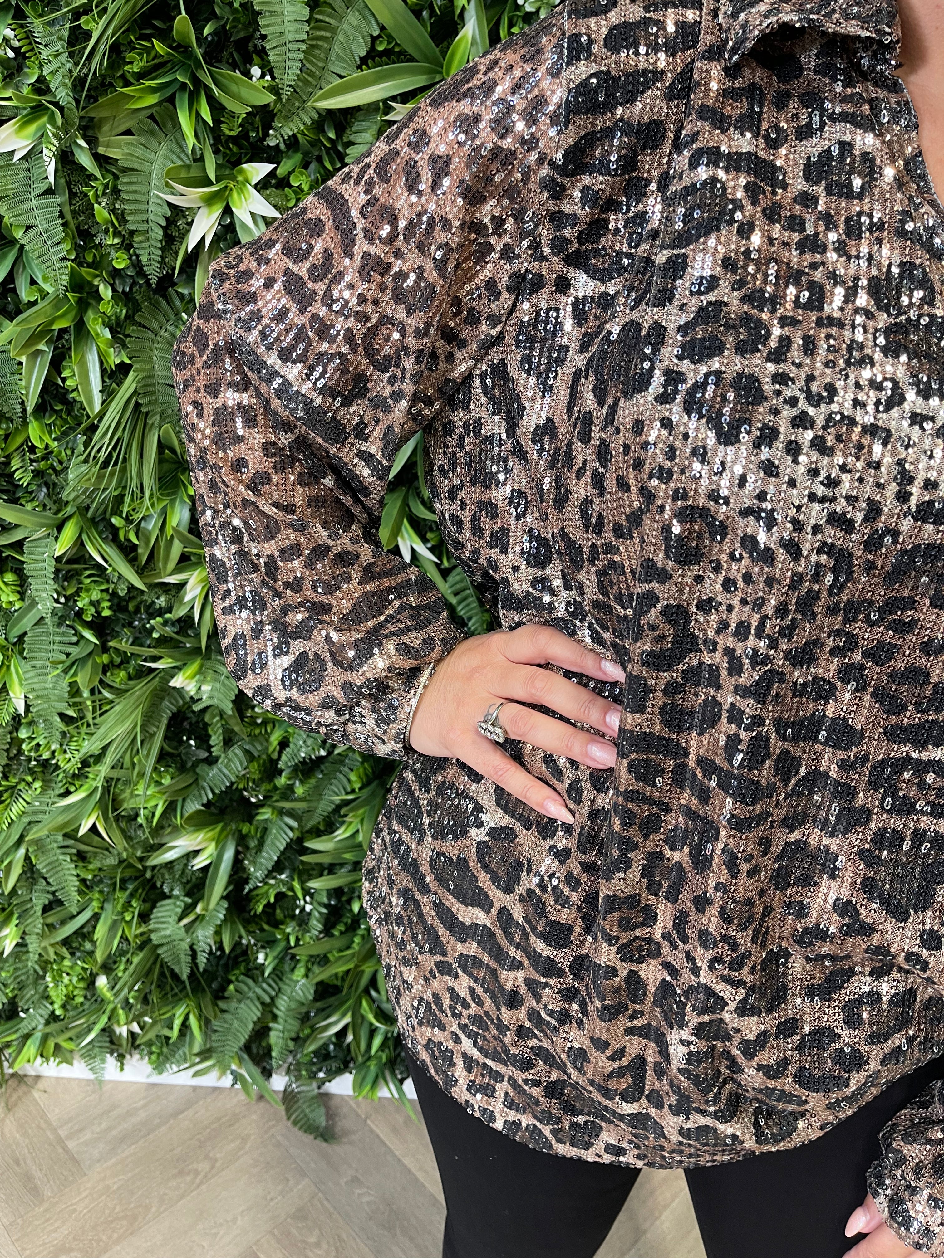 Blouse pailletten panter zwart/lichtbruin