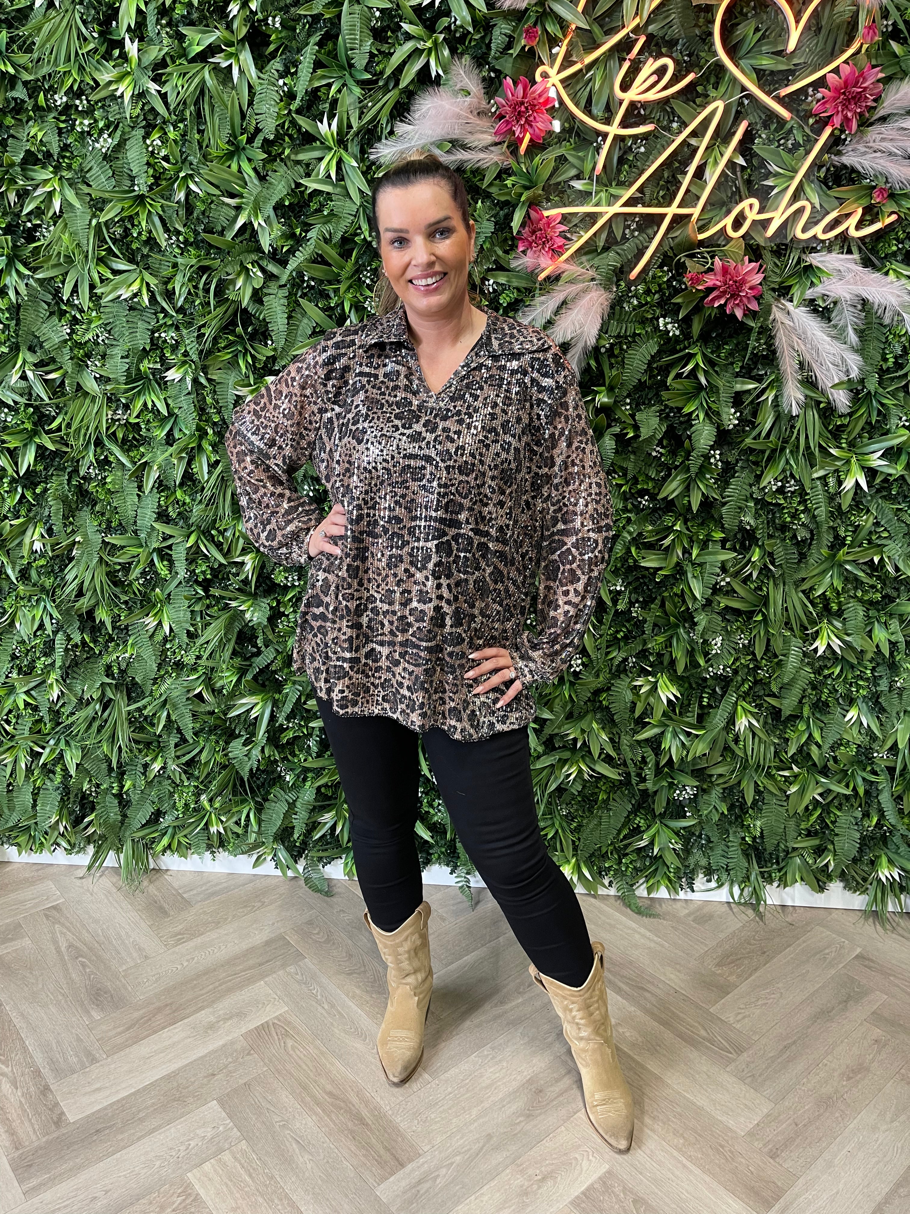 Blouse pailletten panter zwart/lichtbruin