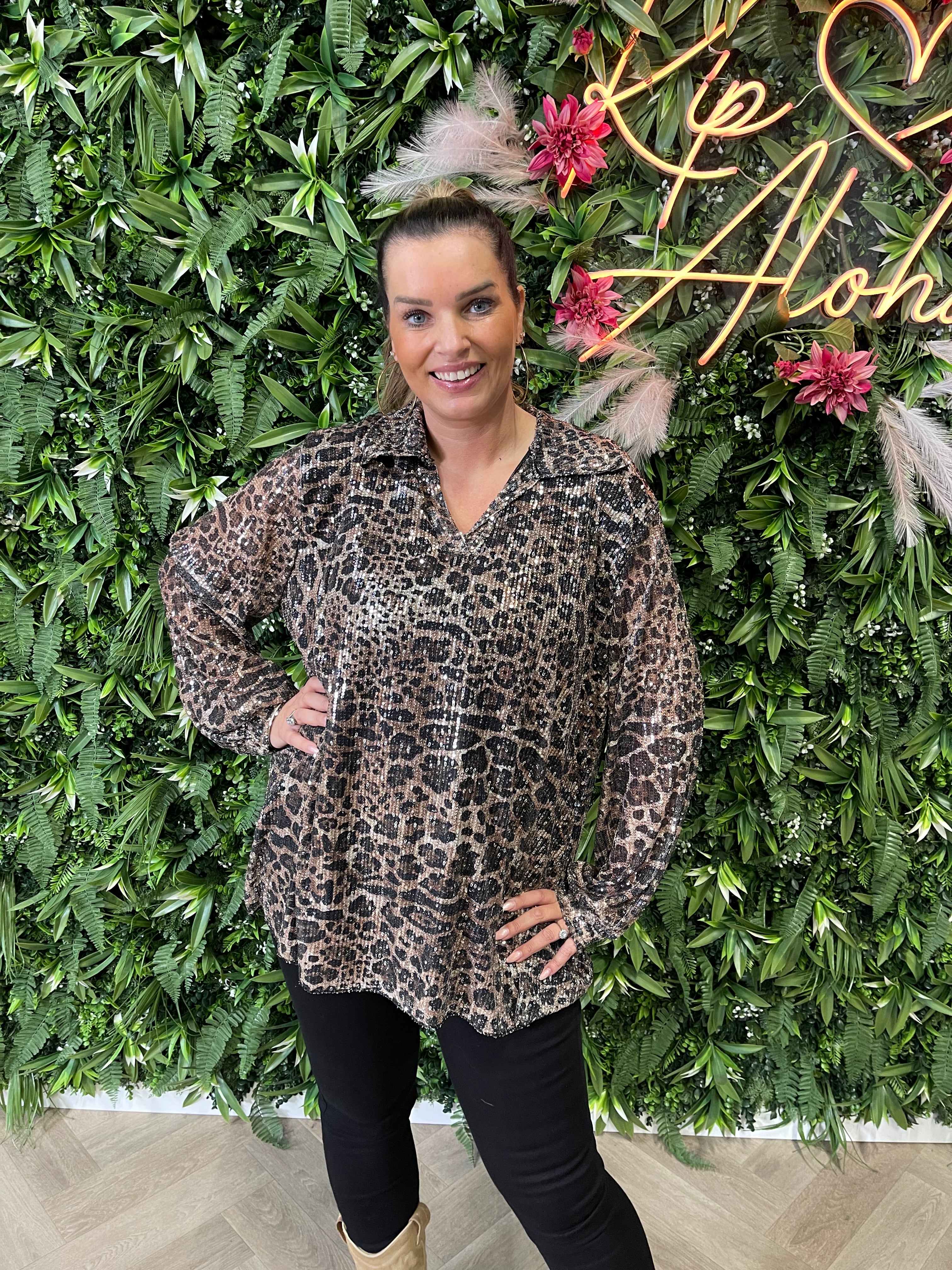 Blouse pailletten panter zwart/lichtbruin