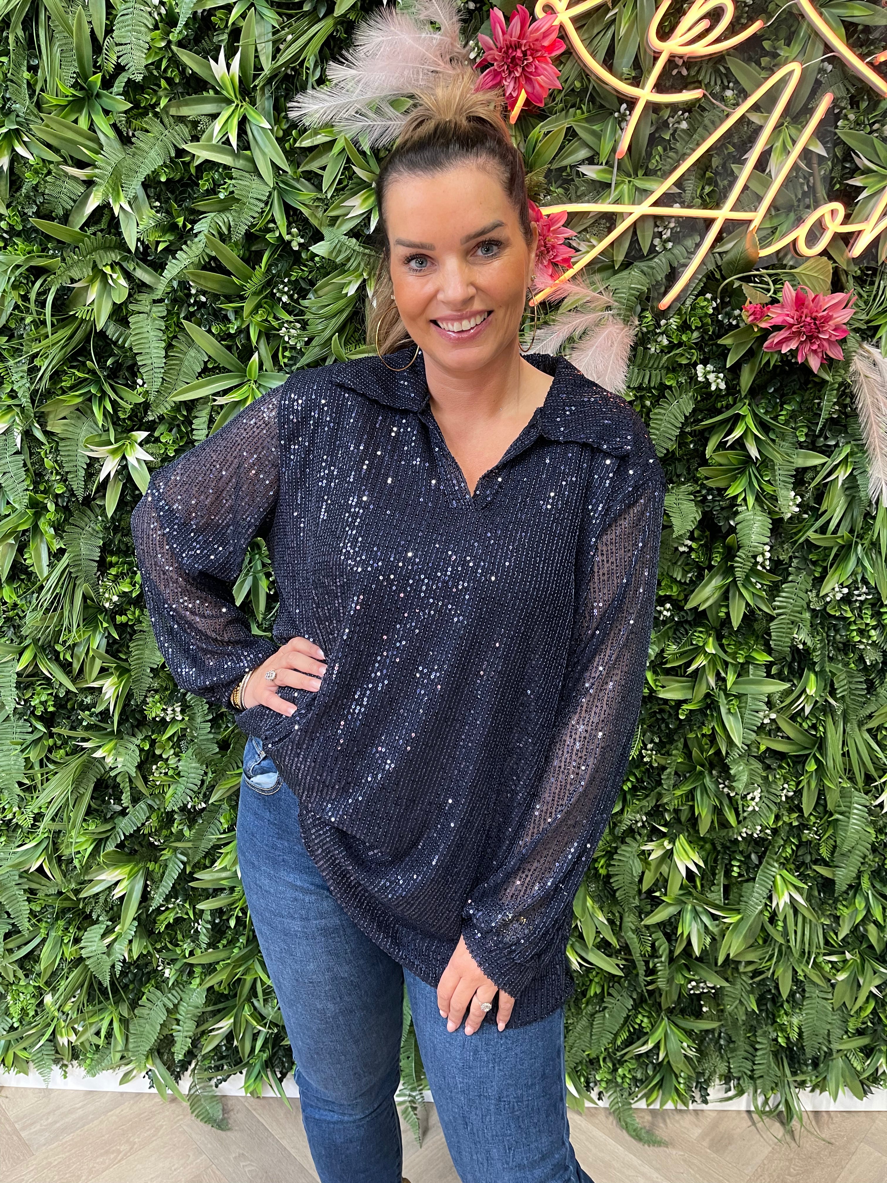 Blouse pailletten marineblauw