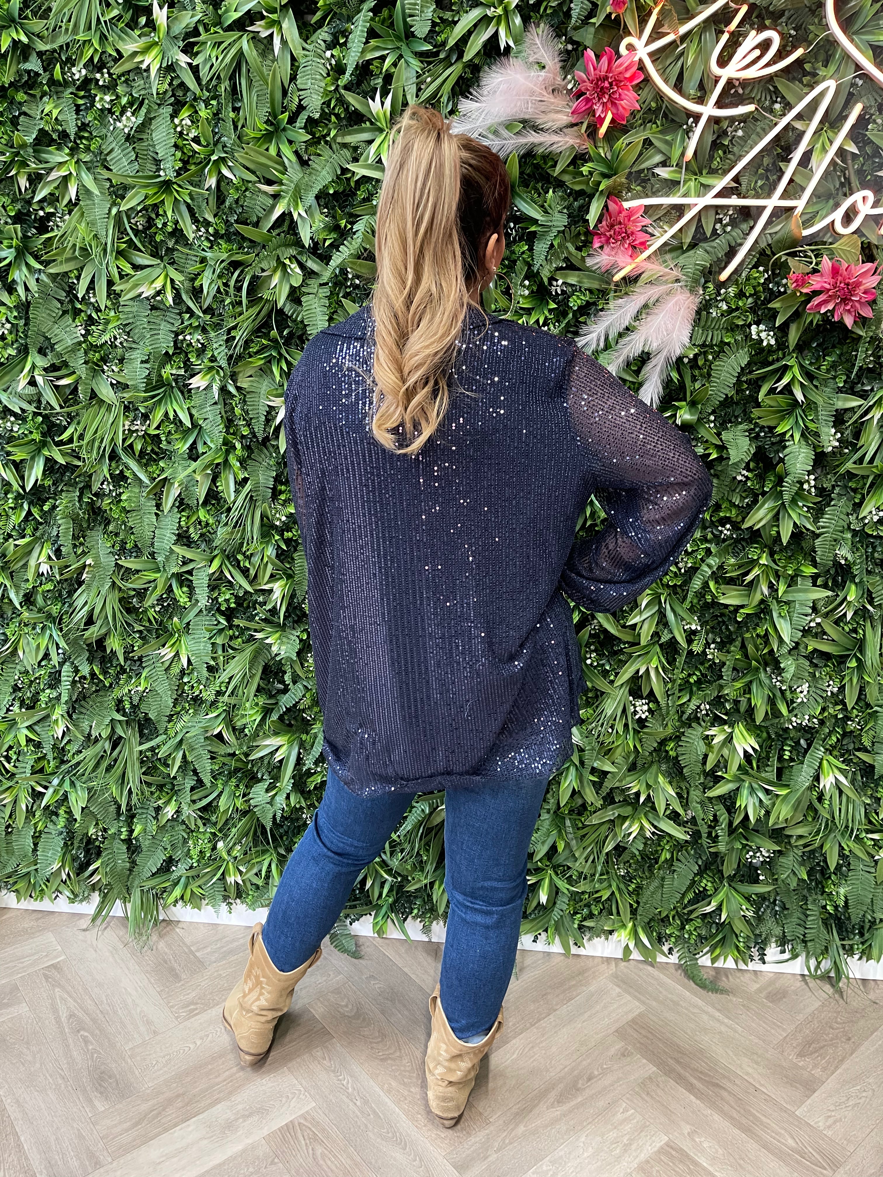 Blouse pailletten marineblauw