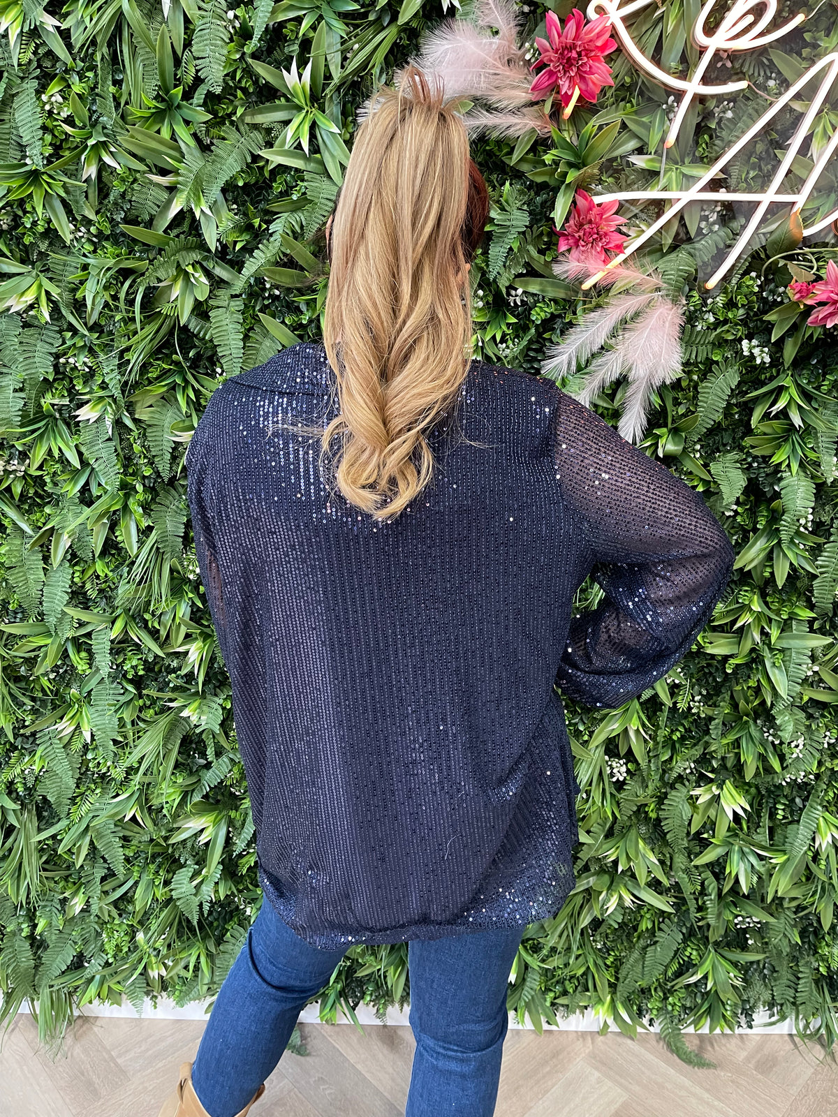 Blouse pailletten marineblauw