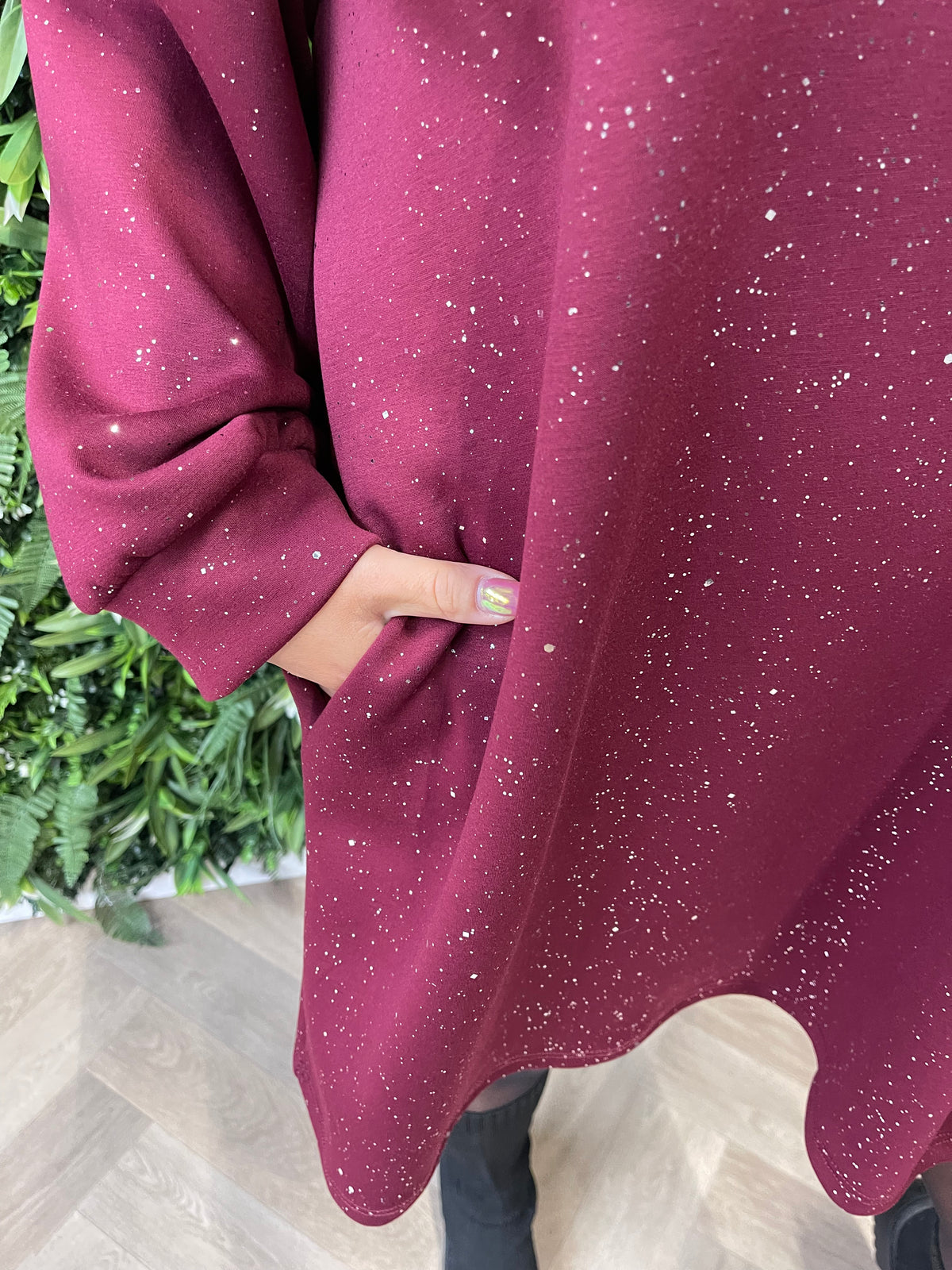 Tuniek glitter flakes met zakken bordeaux