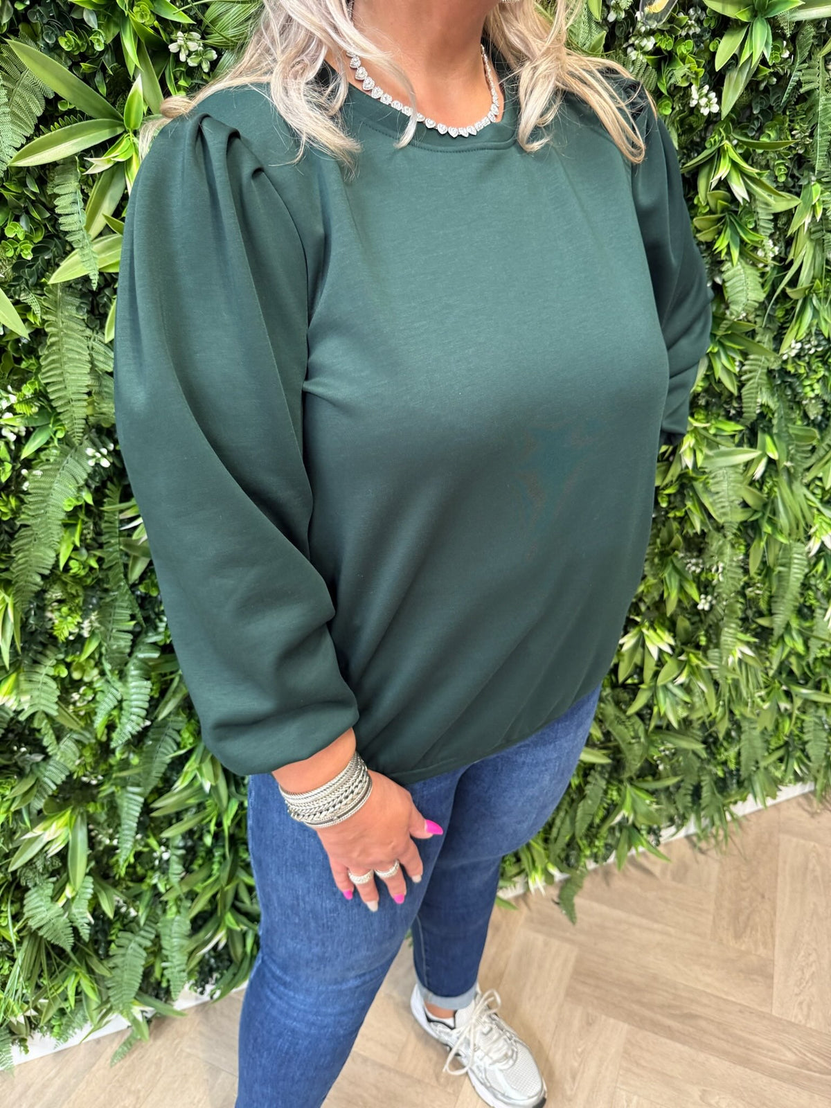 Sweater lange pofmouwen uni flessengroen