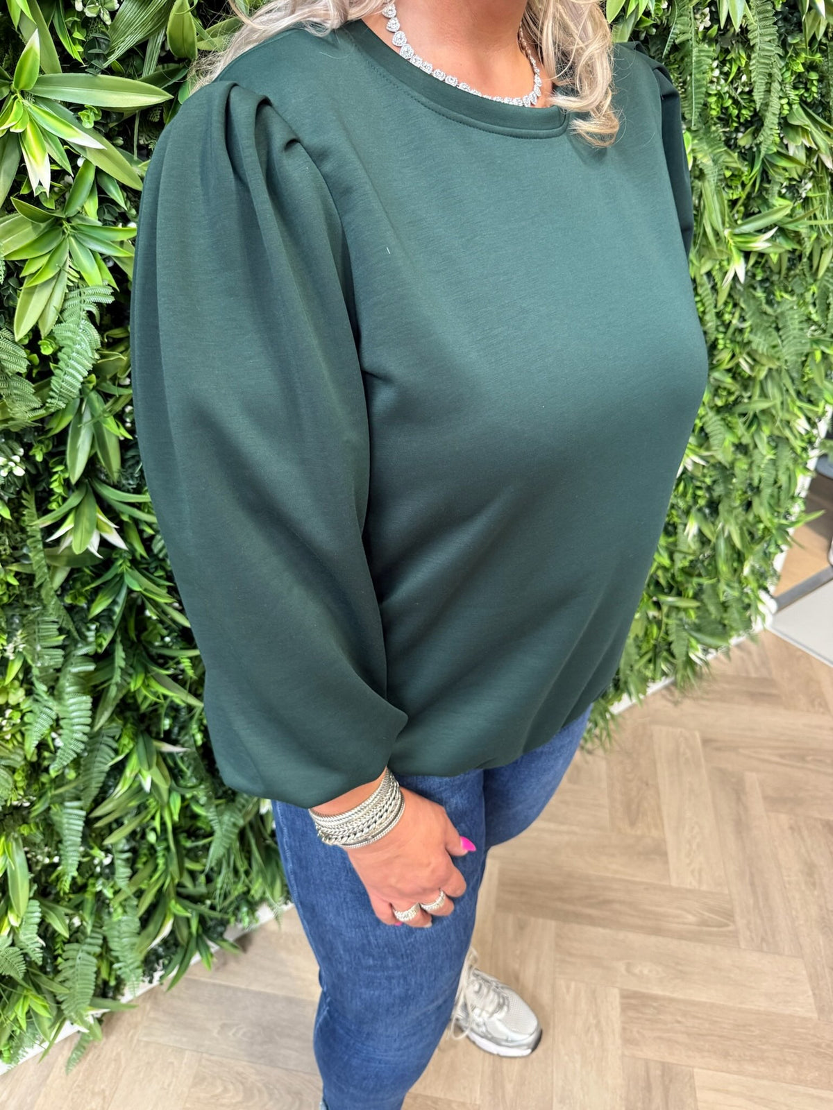 Sweater lange pofmouwen uni flessengroen