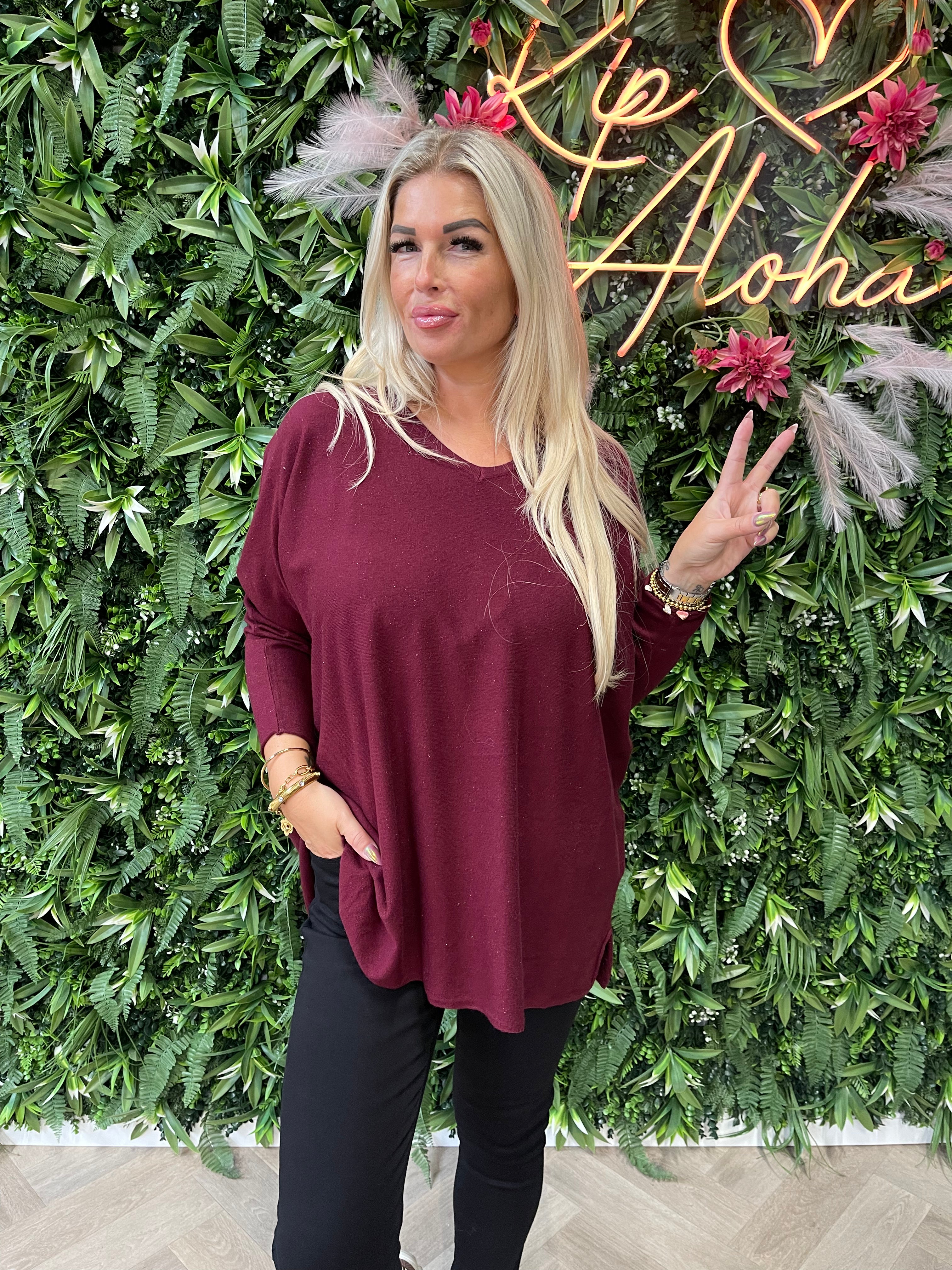 Trui v-hals glitter bordeaux