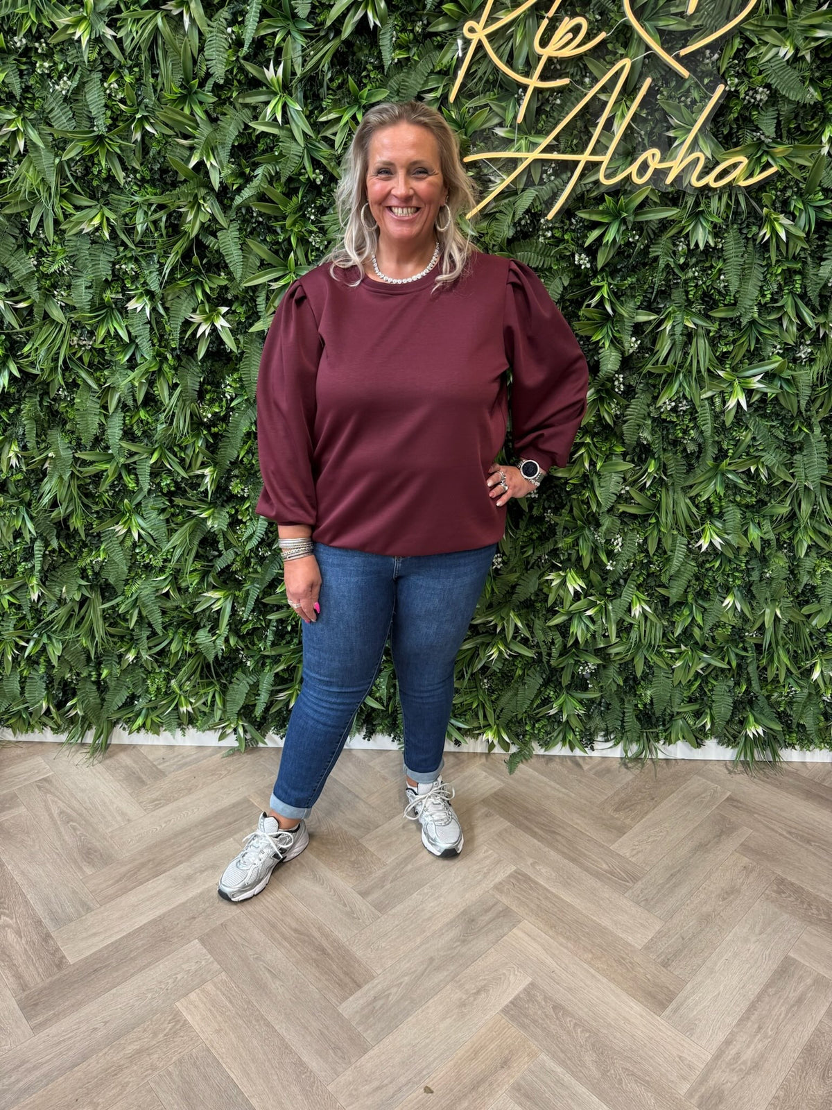 Sweater lange pofmouwen uni bordeaux