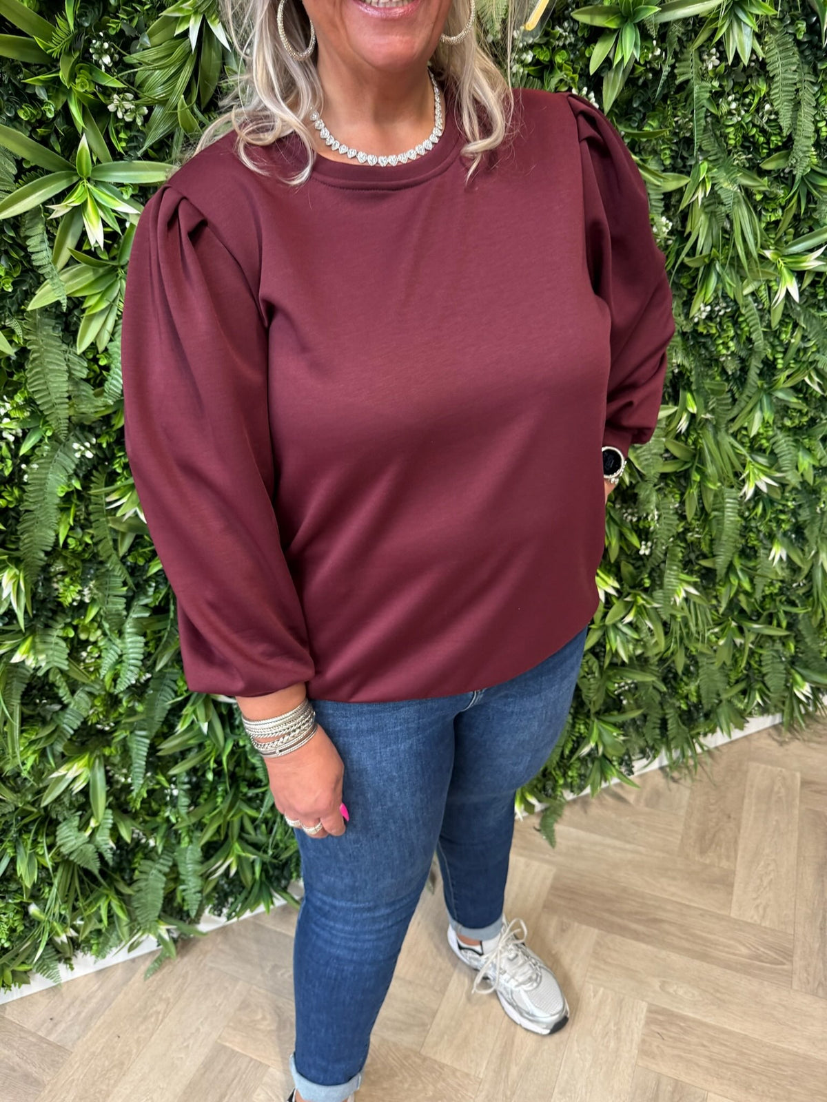 Sweater lange pofmouwen uni bordeaux
