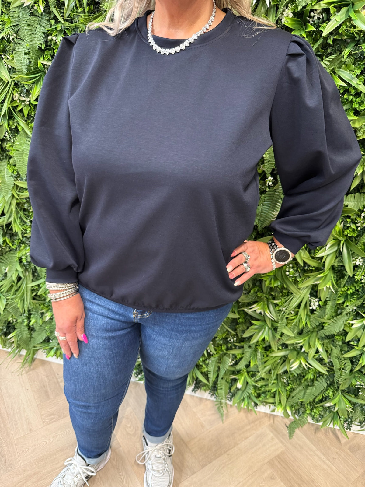 Sweater lange pofmouwen uni marineblauw