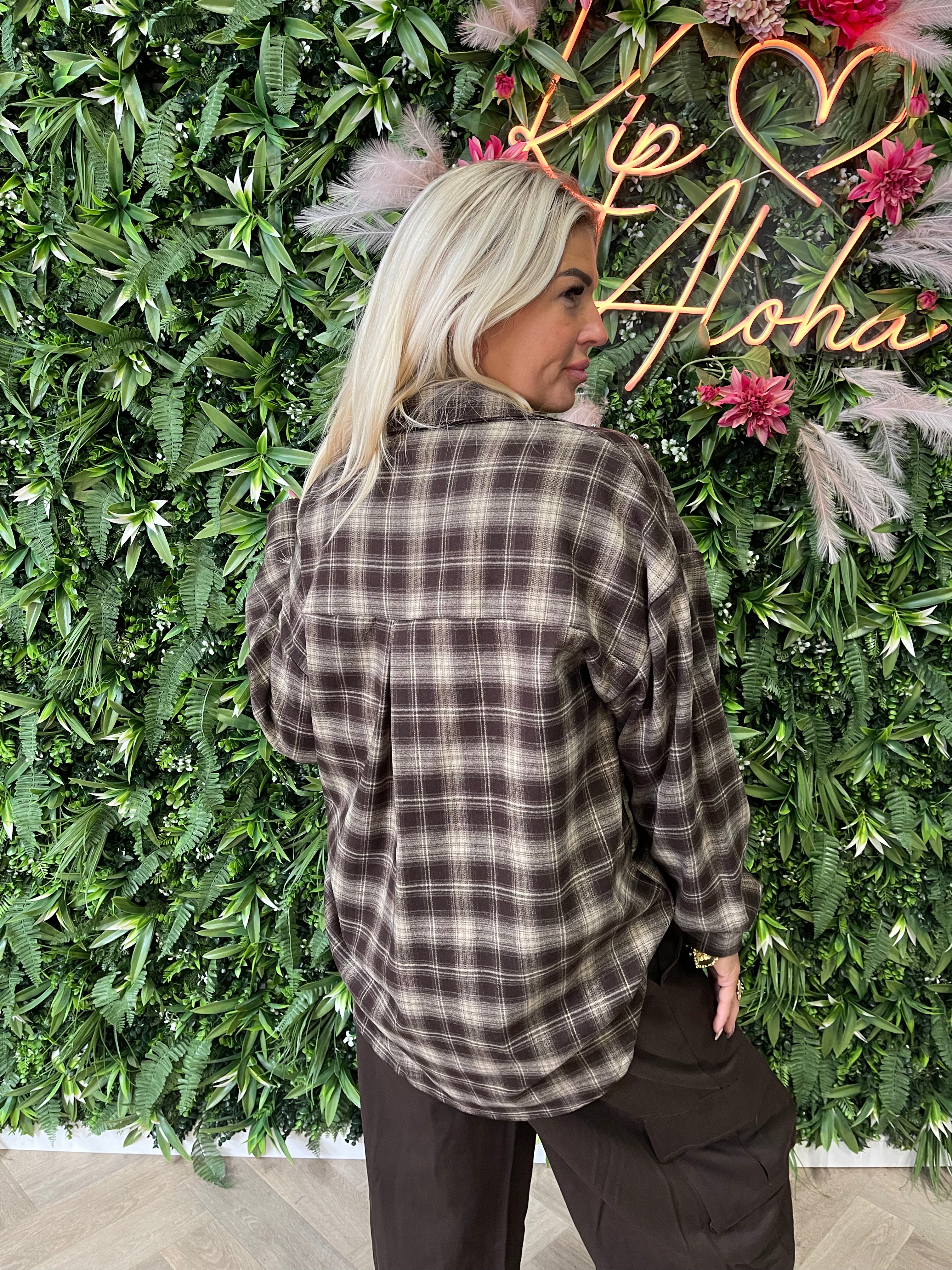 Blouse houthakkers met sierstenen donkerbruin