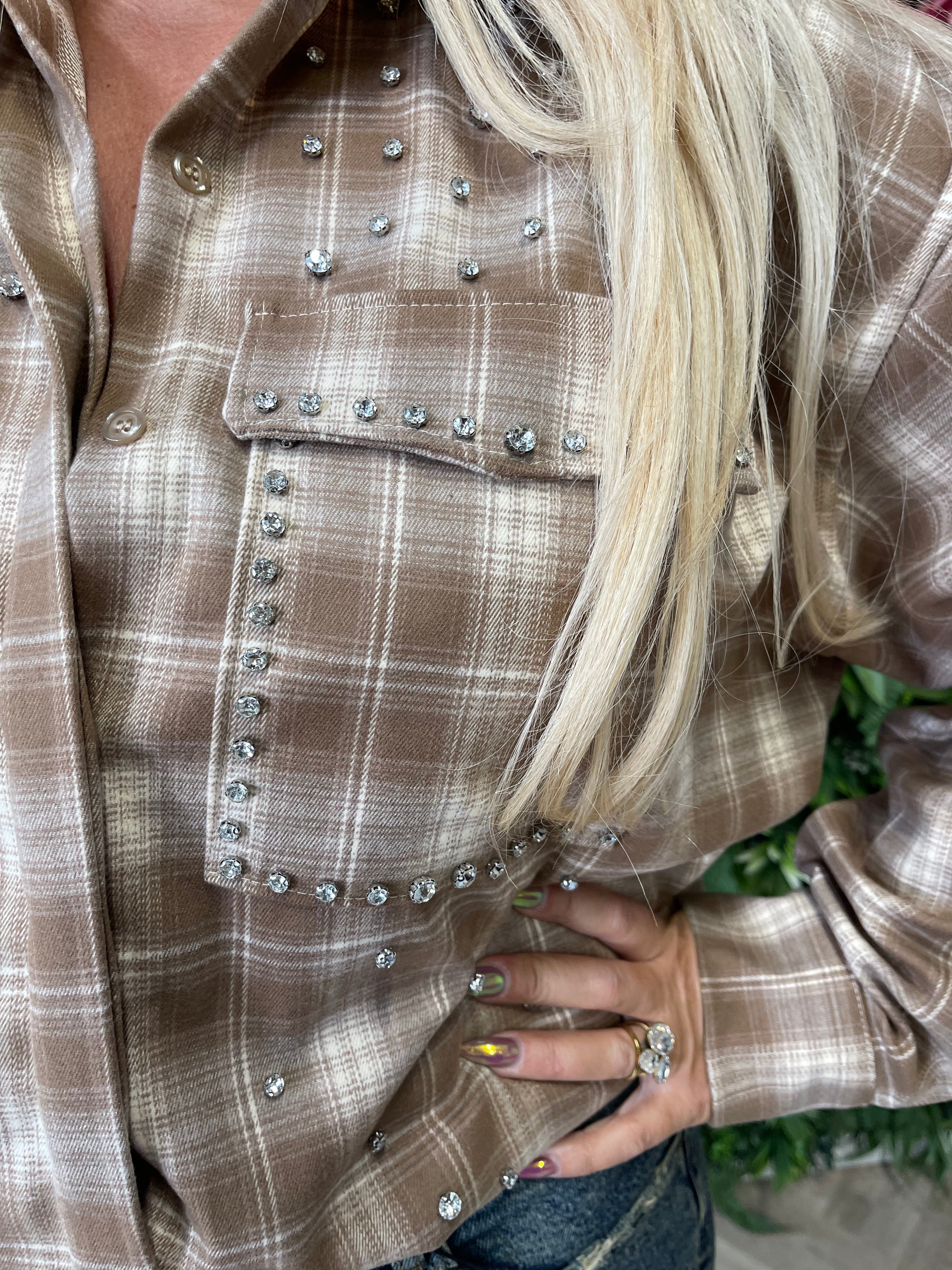 Blouse houthakkers met sierstenen camel