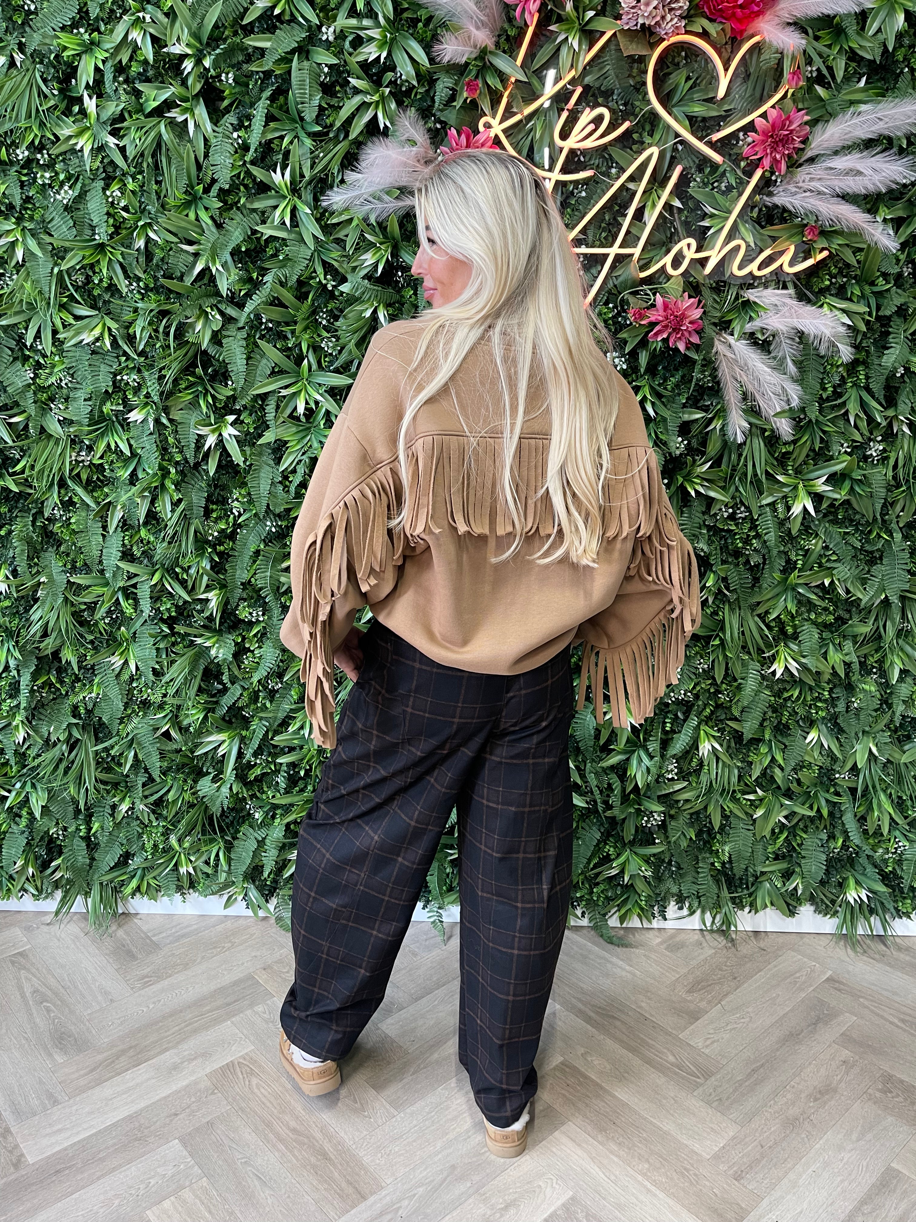 Pantalon barrel met ruit donkerbruin/camel