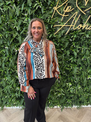 Blouse strik met strepen en panterprint roestbruin